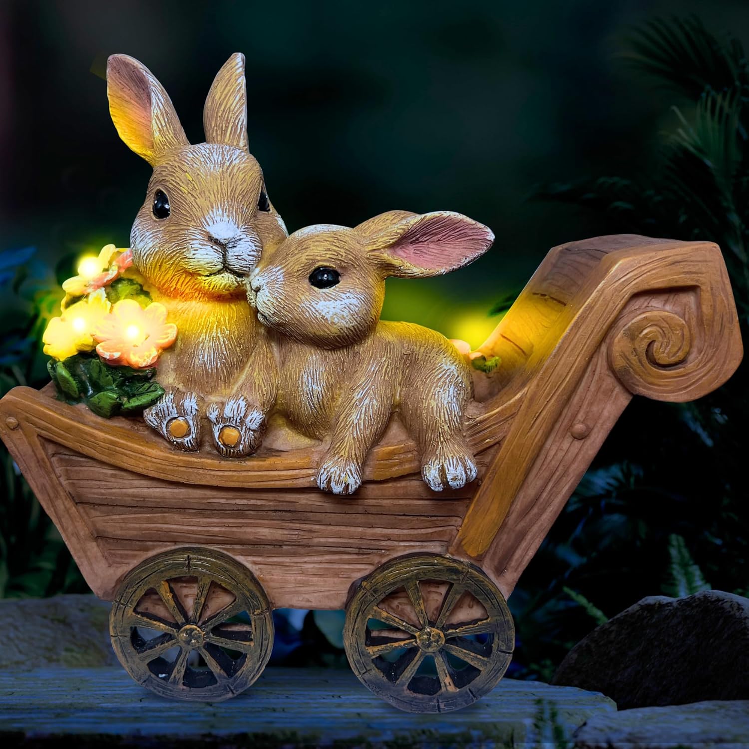 PRETMANNS Solar Garden Outdoor Statue Bunny Decor with Lights – Rabbit Lawn Ornament for Outside Yard Patio – Animal Figurines Gift for Mom Grandma – Waterproof Resin Garden Statues Outdoor – Large