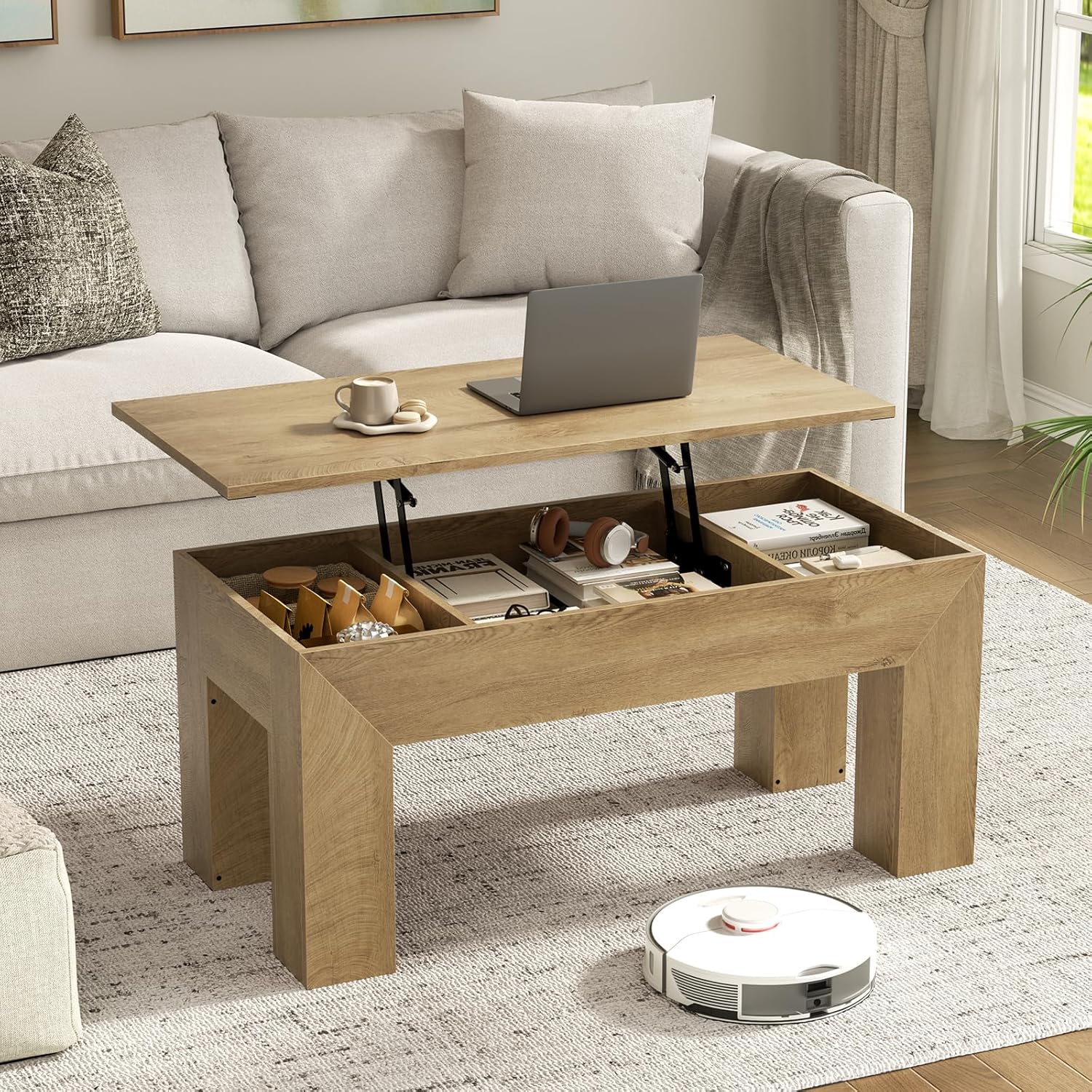 FABATO 41.7” Lift Top Coffee Table, Wooden Rectangle Coffee Table with Hidden Storage, Large Center Table Adjustable Height Sofa Table for Living Room Office Apartment, Wood