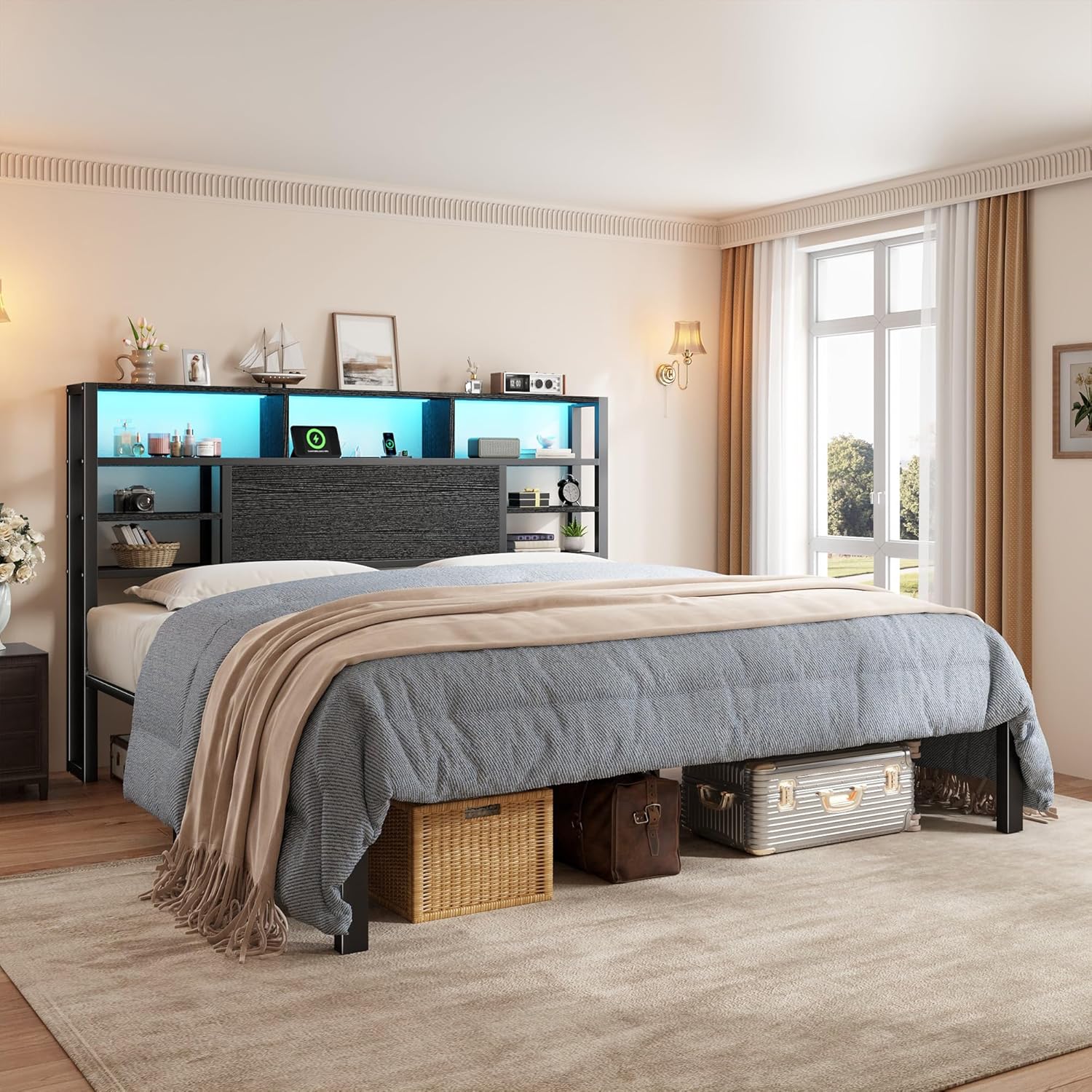 Homkdom Queen Bed Frame with Storage Headboard, LED Lights & Charging Station Heavy Duty Metal Platform Bed for Bedrooms, 1100 LBS Capacity, No Box Spring Needed, Easy Assembly,Black