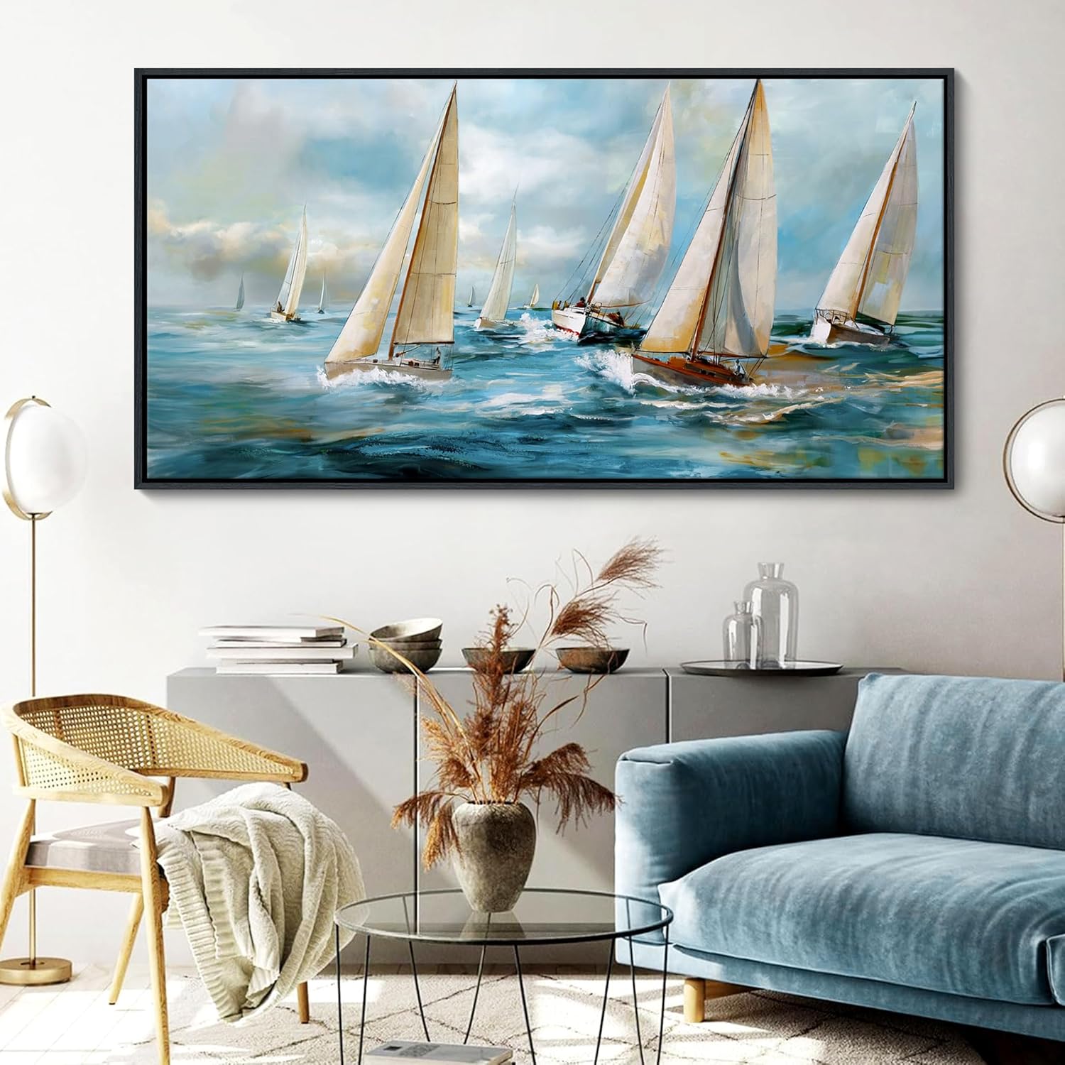 YDYSUNE Sailboat Wall Art – Blue Canvas Retro Painting Textured Picture Artwork Vintage Nautical Large Painting Coastal Modern Print Frame for Living Room Bedroom Home 20x40inch