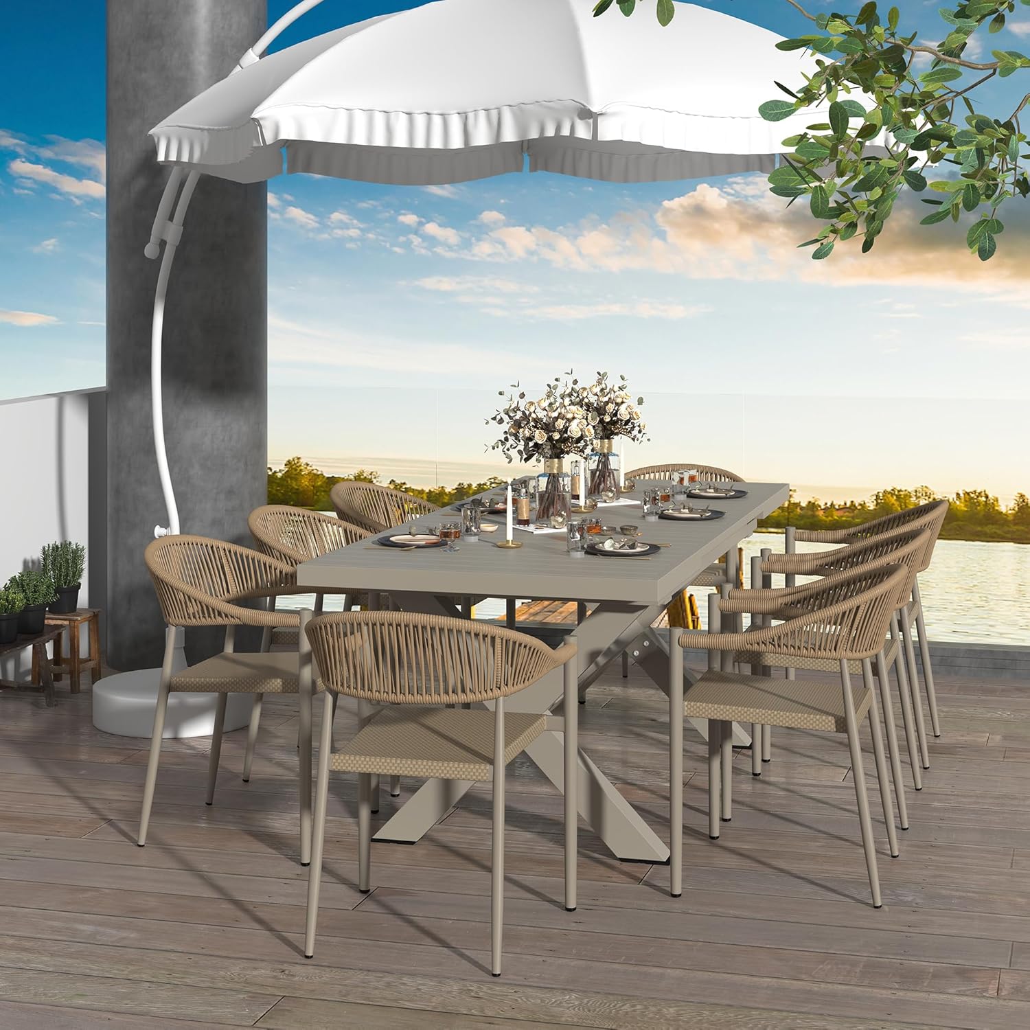 French Bistro Chair Set of 4, Outdoor Hand-Woven Wicker Patio Dining Chair with Aluminum Frame, Stackable Outdoor Chair for Garden Yard Poolside