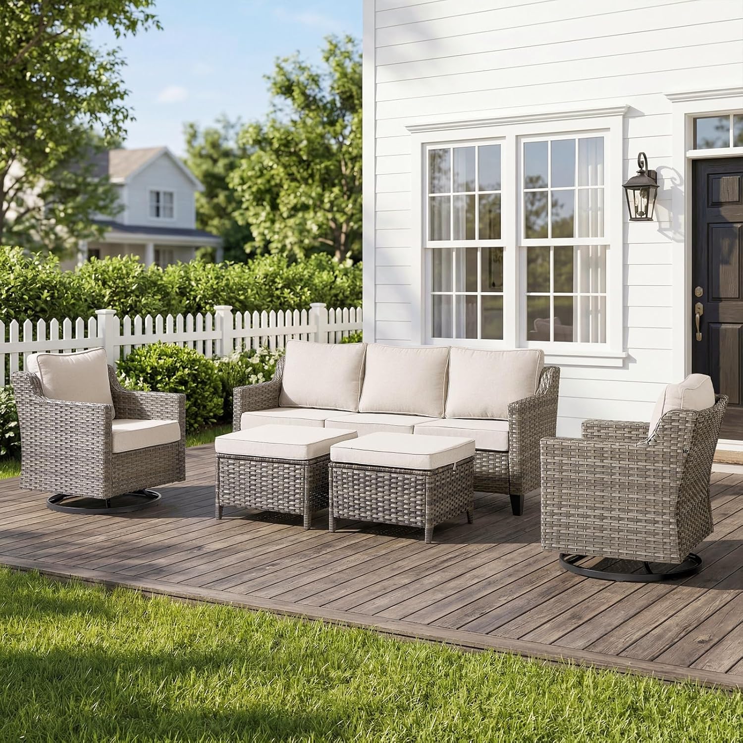 Belord Patio Wicker Swivel Rocker Patio Chairs with 3-Seater Sofa, Outdoor Rattan Chairs for Deck Porch Garden, 5 Piece Patio Conversation Furniture Set,Beige