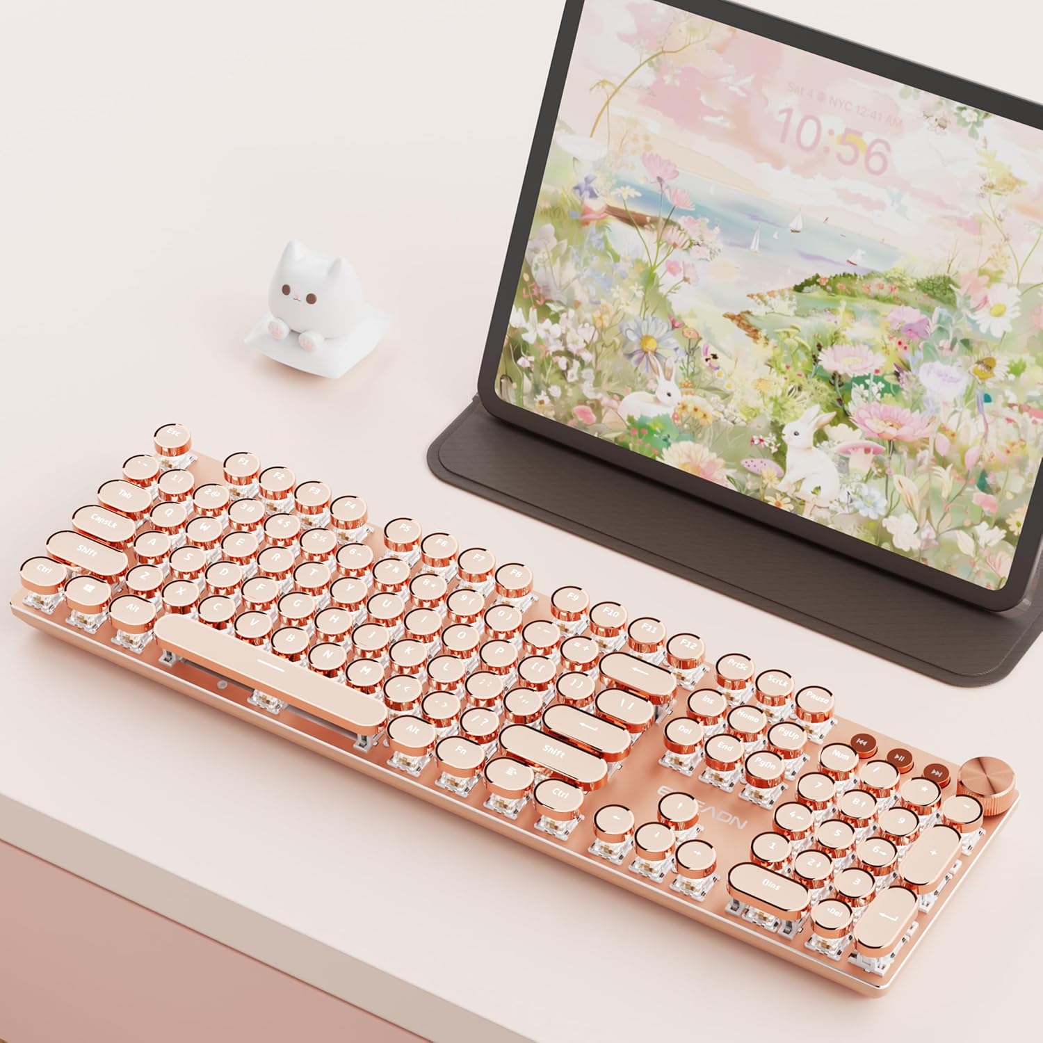 EWEADN V20 Typewriter Keyboard Wireless, 104 Keys Typewriter Style Mechanical with White Backlit, Media Knob, Pink Switch 2.4G/Bluetooth/USB-A Wired Retro Full Size Keyboard for Windows/Mac/PC-Pink