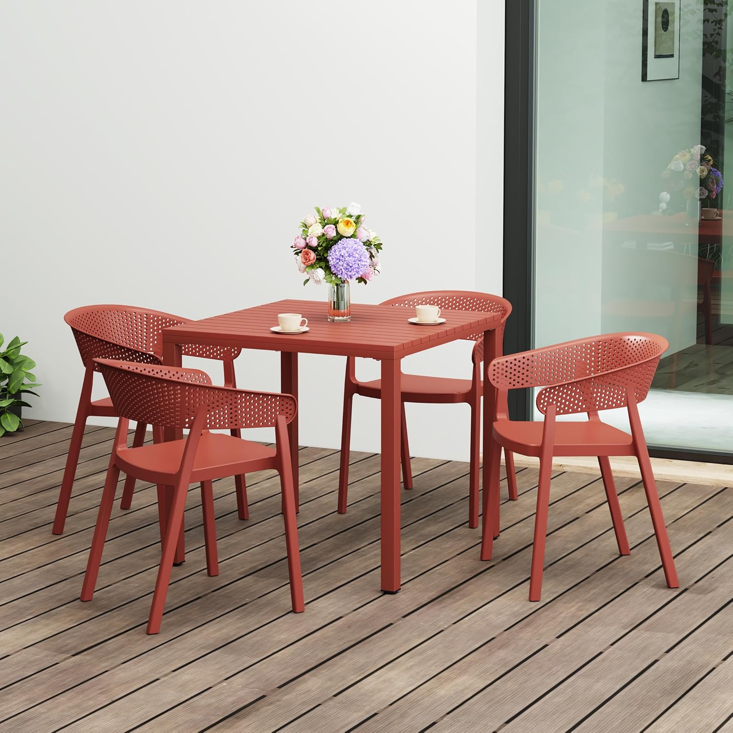 Costaelm Outdoor Patio Dining Set, 5 Piece Dining Table Set, Breakfast Coffee Bar Table and Chairs of 4, Stackable Dining Side Chair, Patio Bistro Deck Furniture, Red