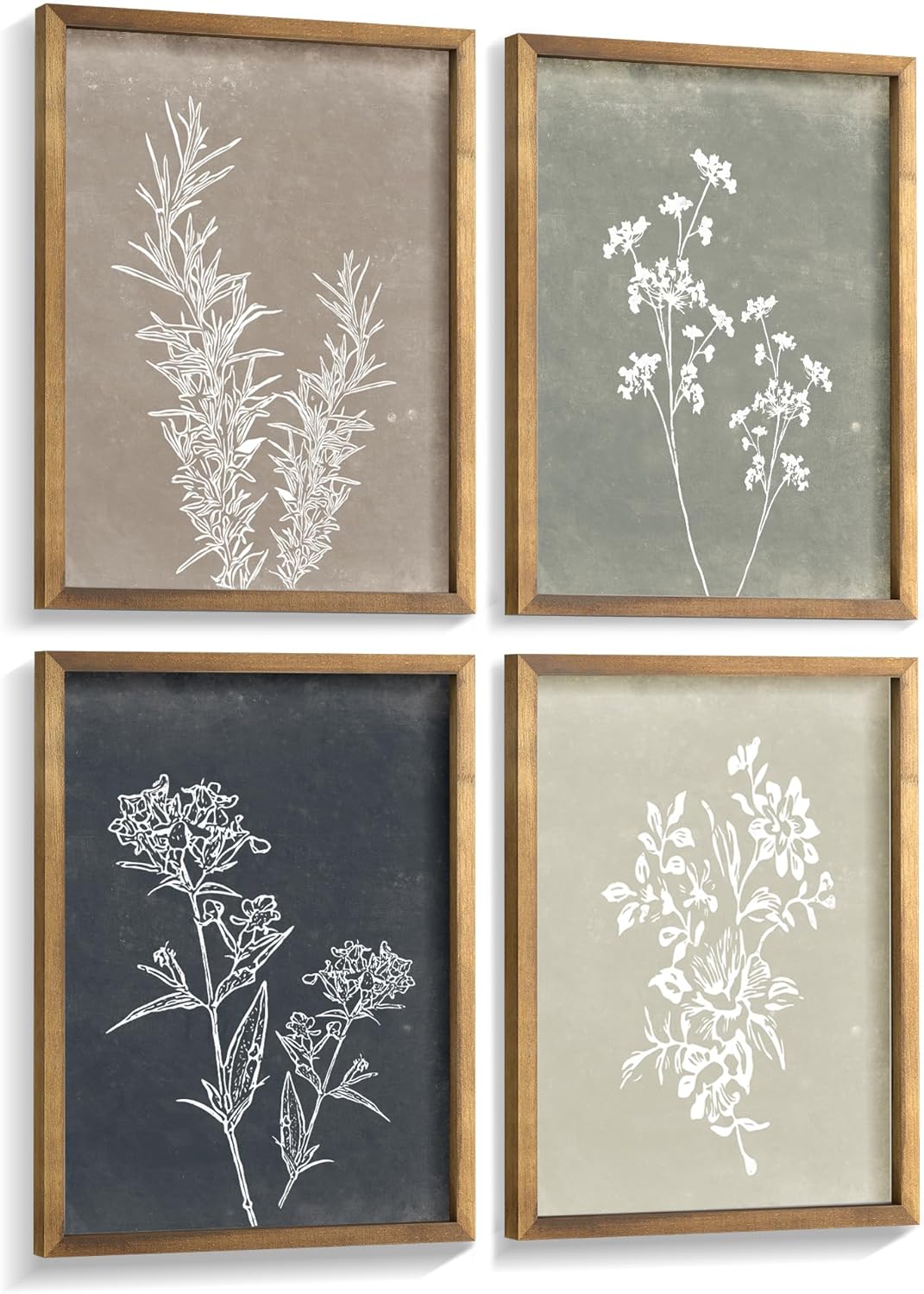 Liswit Framed Boho Wall Art Set of 4 for Wooded Minimalist Botanical Print Wall Art for Rustic Vintage Farmhouse Home Kitchen Wall Decor (Brown, 12×16)