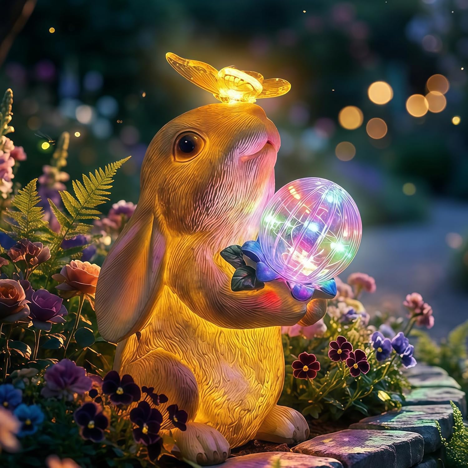Solar Bunny Garden Statue Outdoor Decor, Glowing Rabbit Figurine with Warm Light Body, Color-Changing Butterfly and Multicolor LED Orb, for Mom Grandma Women Patio Lawn Yard