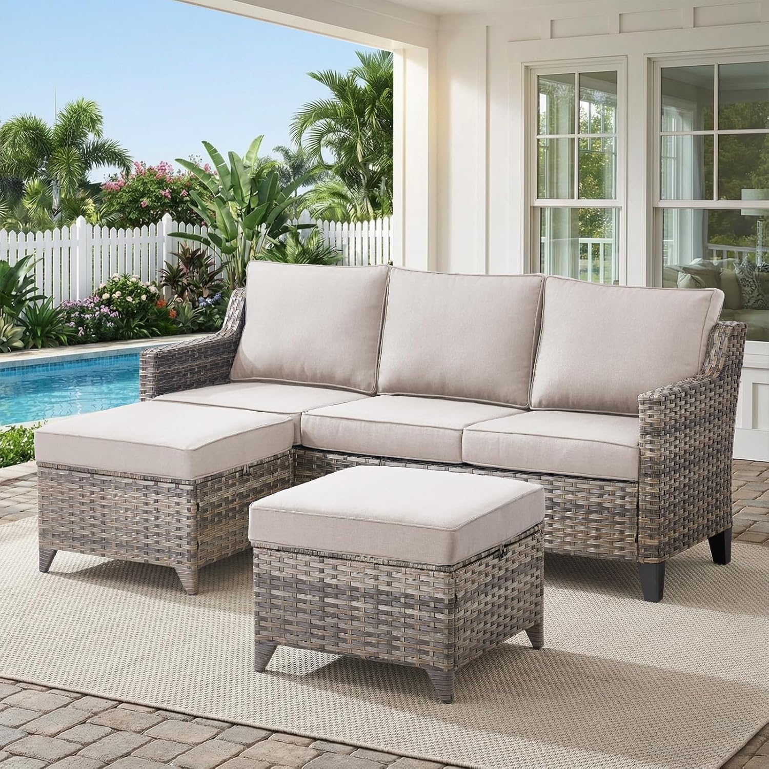 Belord Luxury Outdoor High Back Couch with Ottoman, All-Weather Wicker 3-Seater Sofa, 3 Piece Patio Conversation Furniture Set,Beige