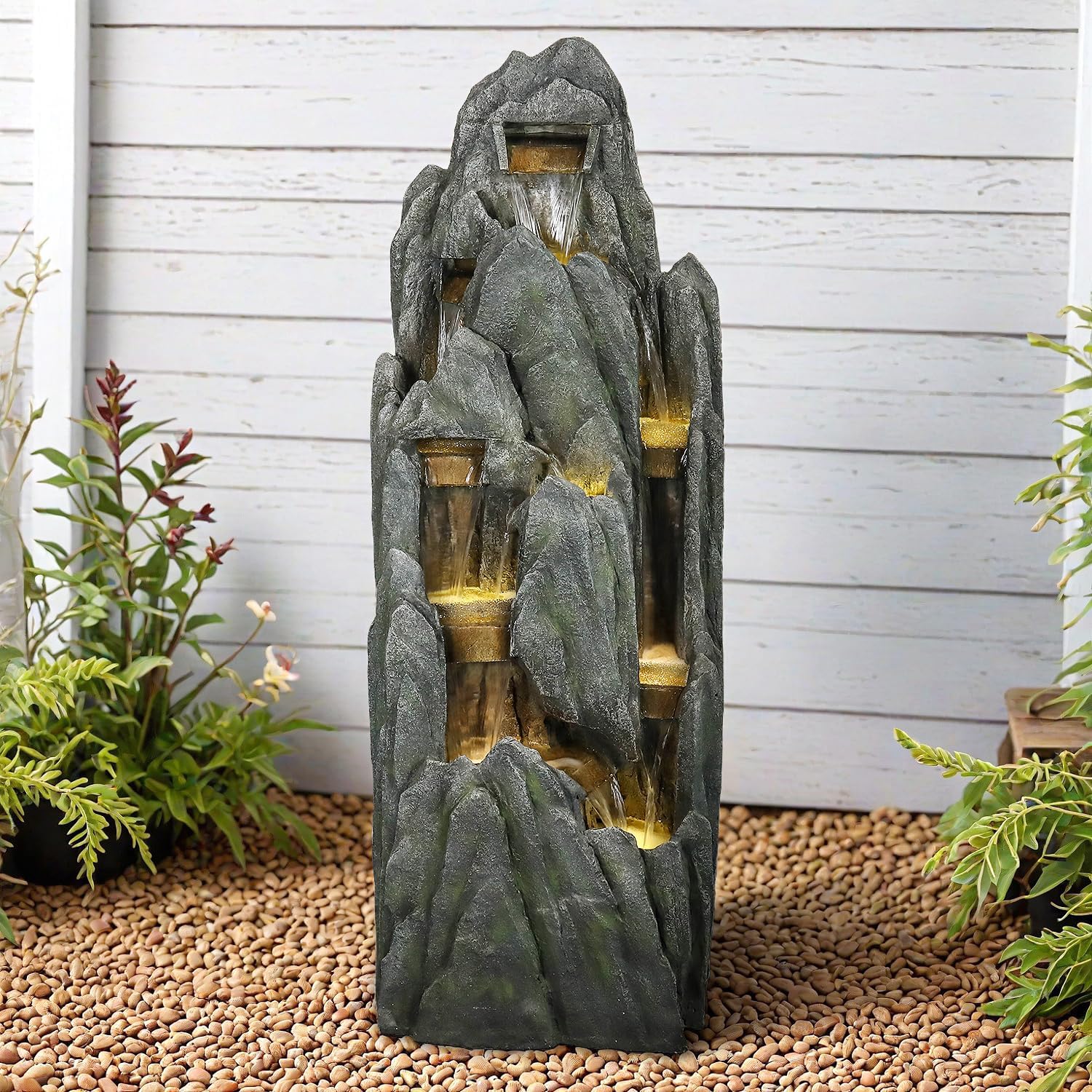 SunJet Outdoor Rockery Water Fountain with LED Lights – 51″ Tall Resin Cascading Fountains and Waterfalls Feature for Patio, Yard, Garden Decor, Featuring Realistic Natural Stone Look