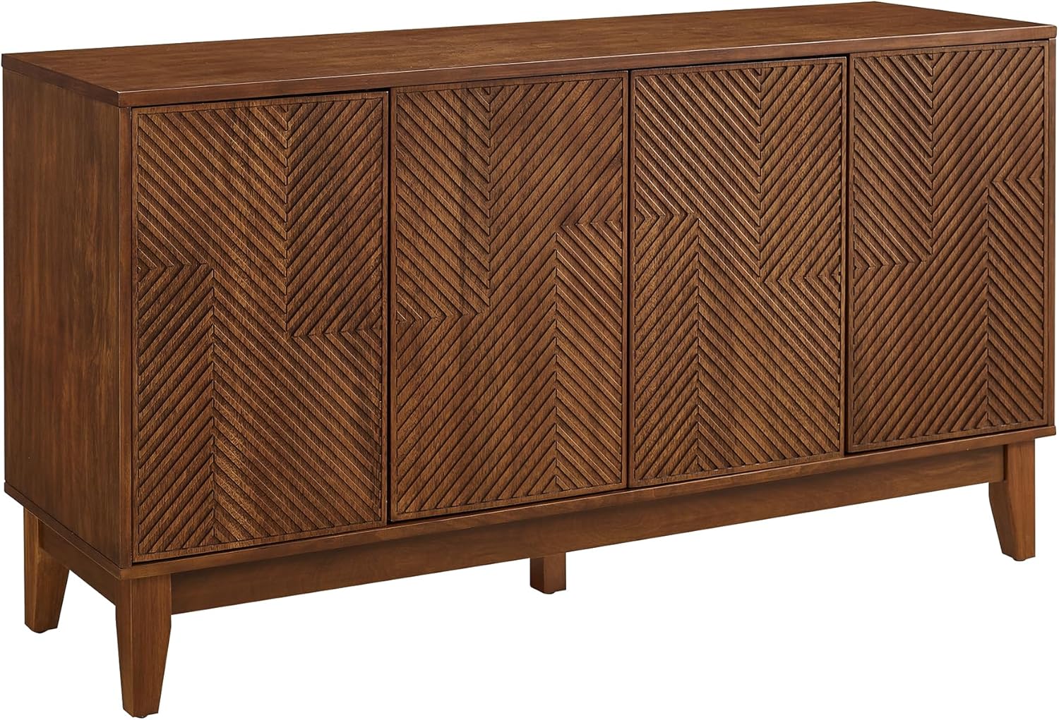 TV Stand for 55 Inch TV with Big Storage, 4 Door Cabinet with Cool Carved Wood Pattern, Adjustable Shelves, Strong Solid Wood Legs, Mid Century Modern TV Console