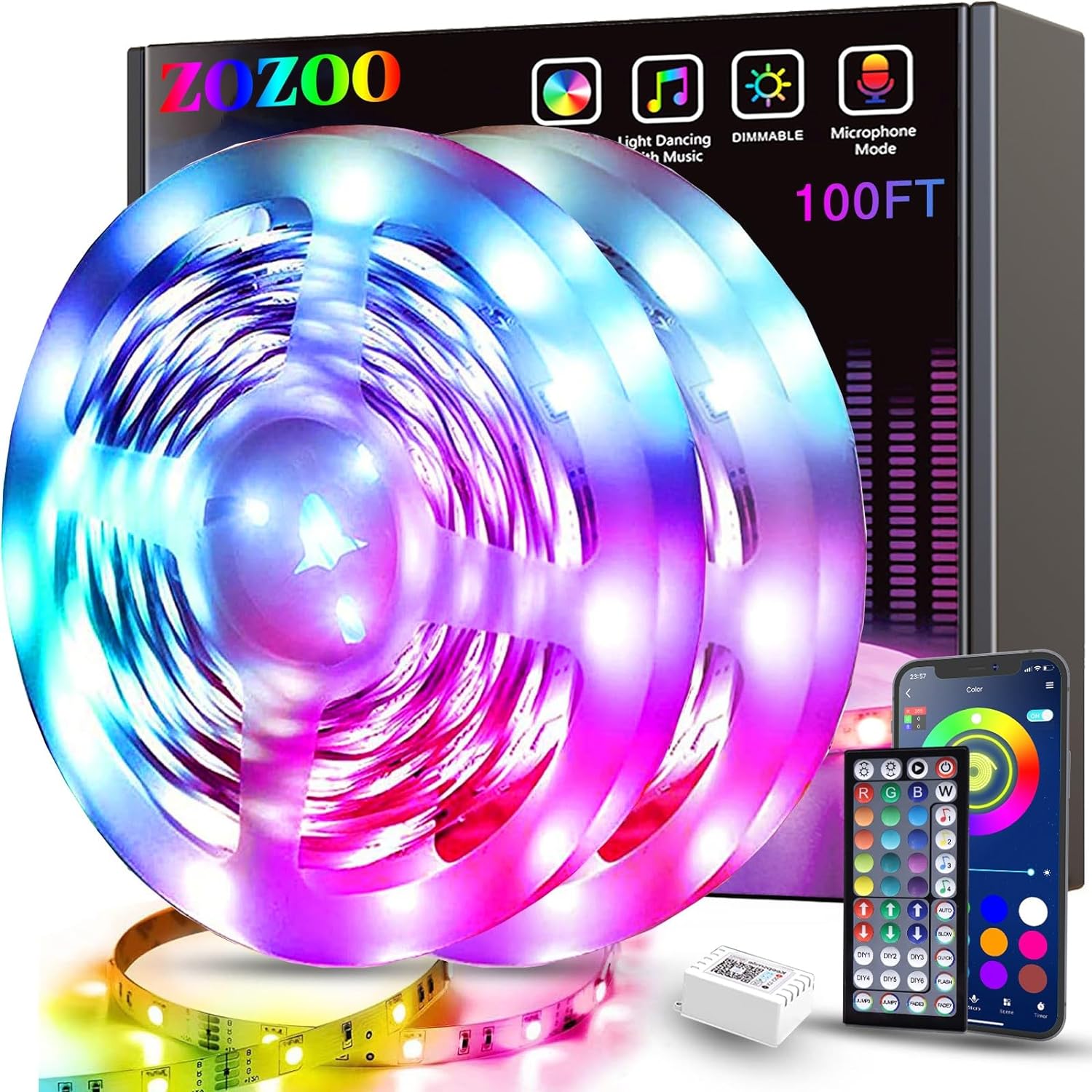 ZOZOO 100ft Led Lights for Bedroom(2 Rolls of 50ft), Smart RGB Led Strip Lights with 44-Key Remote & APP Control Music Sync with Color Changing for Home Party Festival Decoration