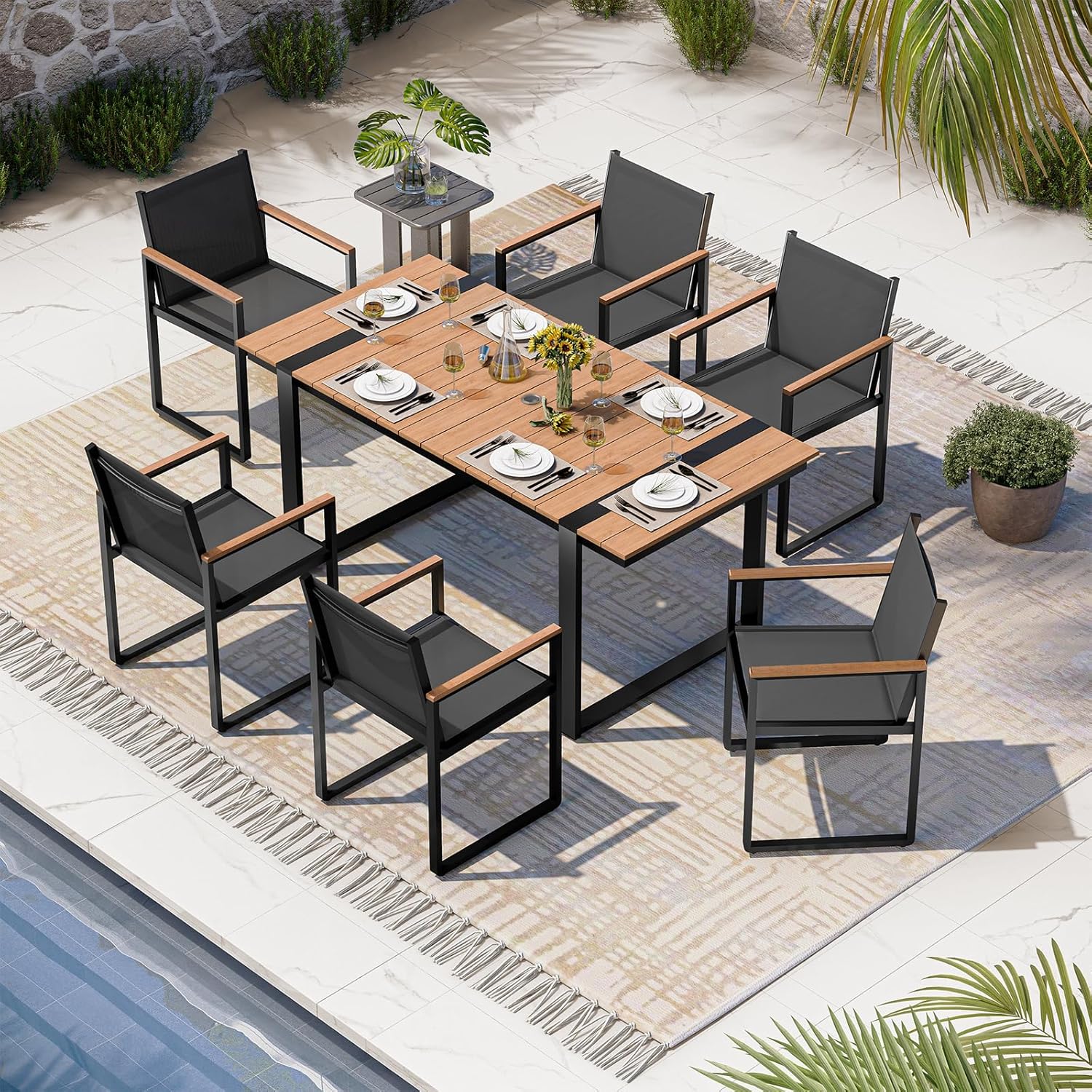 Outdoor Dining Set, HDPS + Aluminum Patio Table and Chairs Set with U-Shaped Base, 7 Piece Outdoor Furniture Set with Umbrella Hole, Patio Dining Table Set for Garden, Backyard (Gray-Teak)