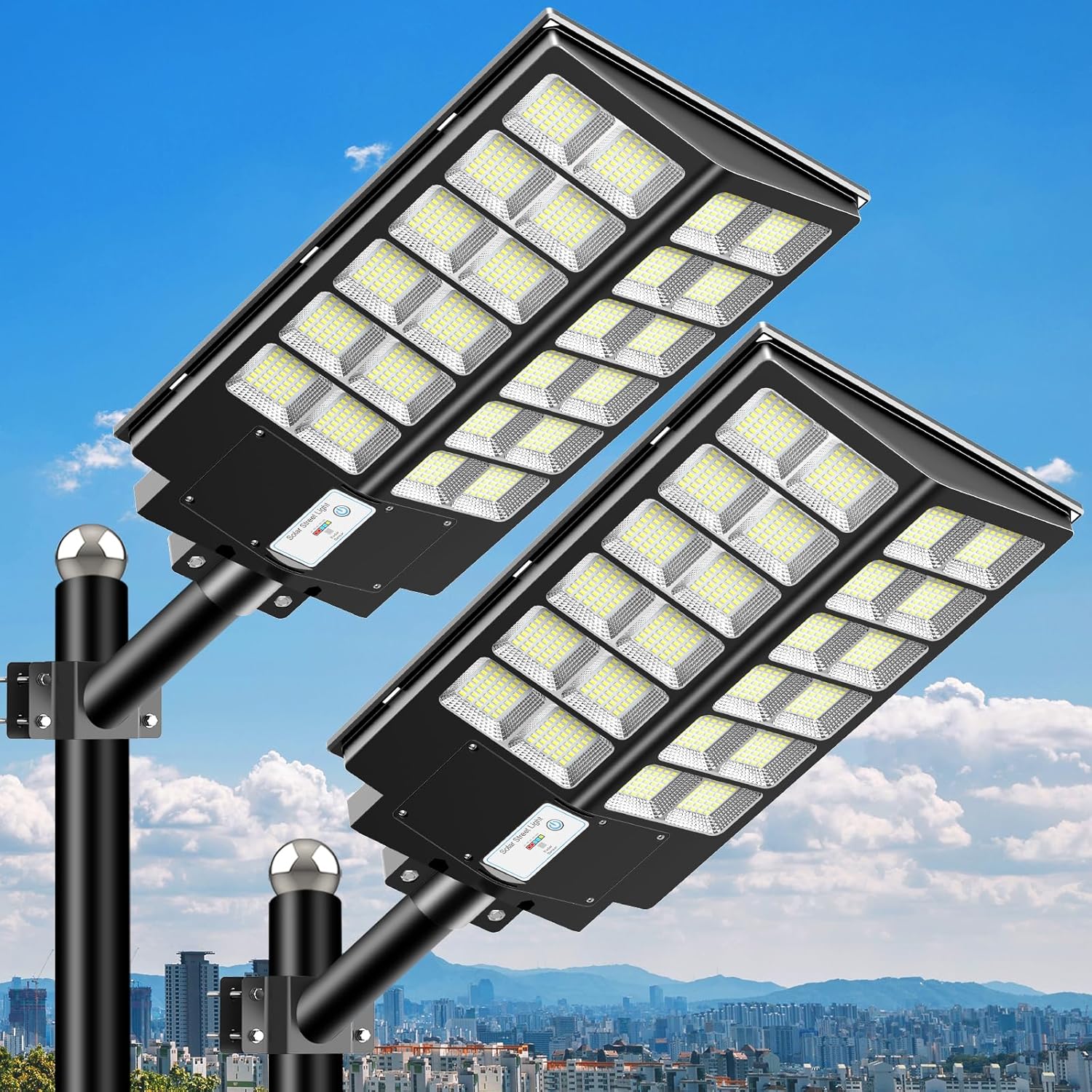 Solar Street Light 9000W, Street Light Outdoor High Lumens, Parking Lot Lights 7000K, Solar Lights Outdoor Motion Sensor Dusk to Dawn for Parking Lot, 2 Pack