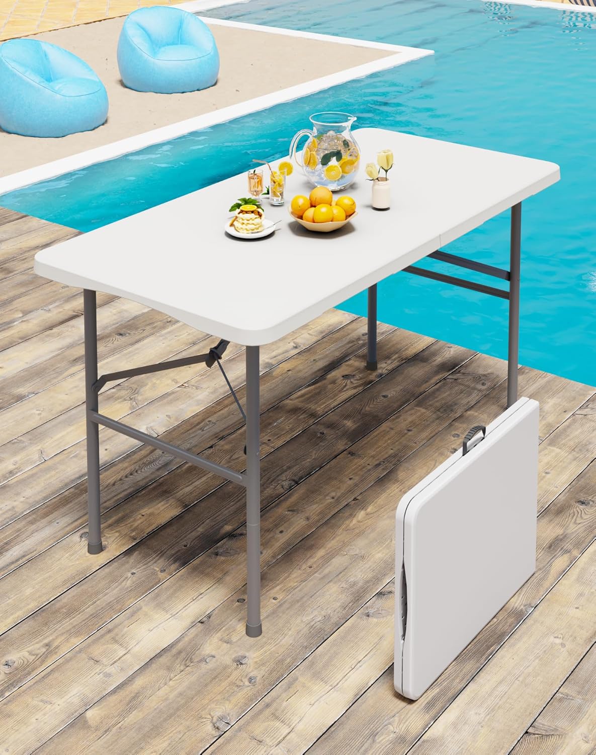 4FT White Folding Table for Outdoor, 4 Foot Picnic Tables No Assembly Required Portable, White Foldable Table for Camping, Parties, Meeting, Events, Wedding, BBQ, with Carrying Handle