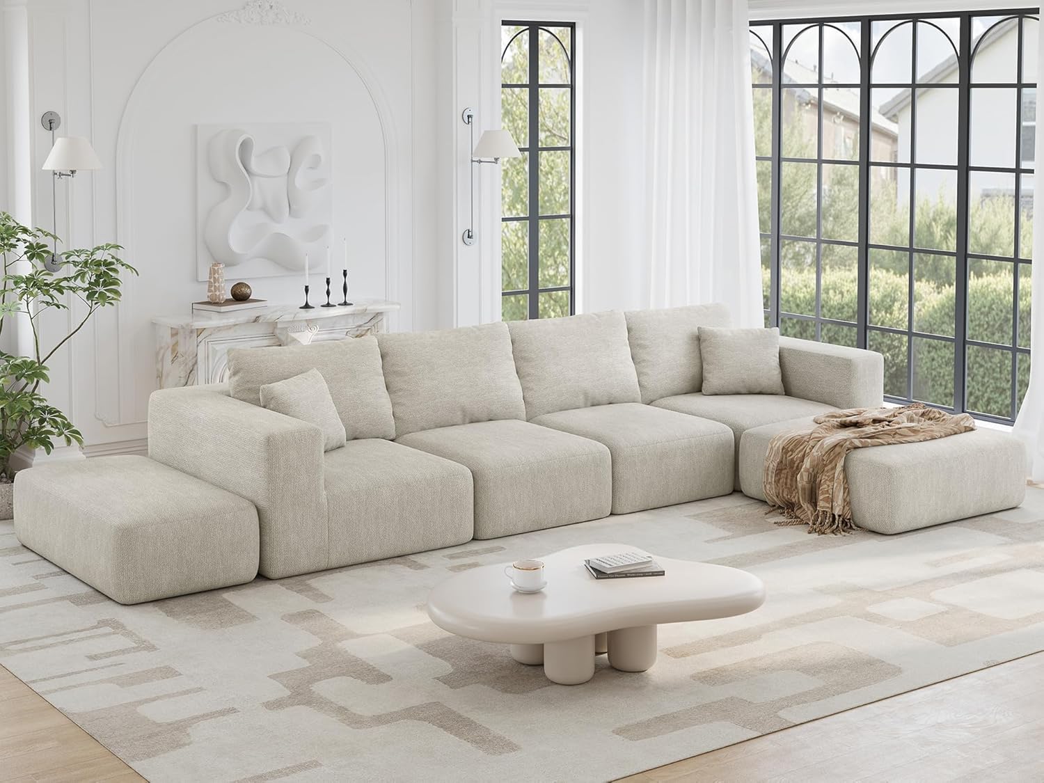 CUGOAO 152” Modern Boneless Couch, Oversized 2-in-1 Modular Sectional Sofa Bed, Extra Deep Seat Upholstery Cloud Couch, Boneless Couches for Living Room, No Assembly Required, Beige Chenille