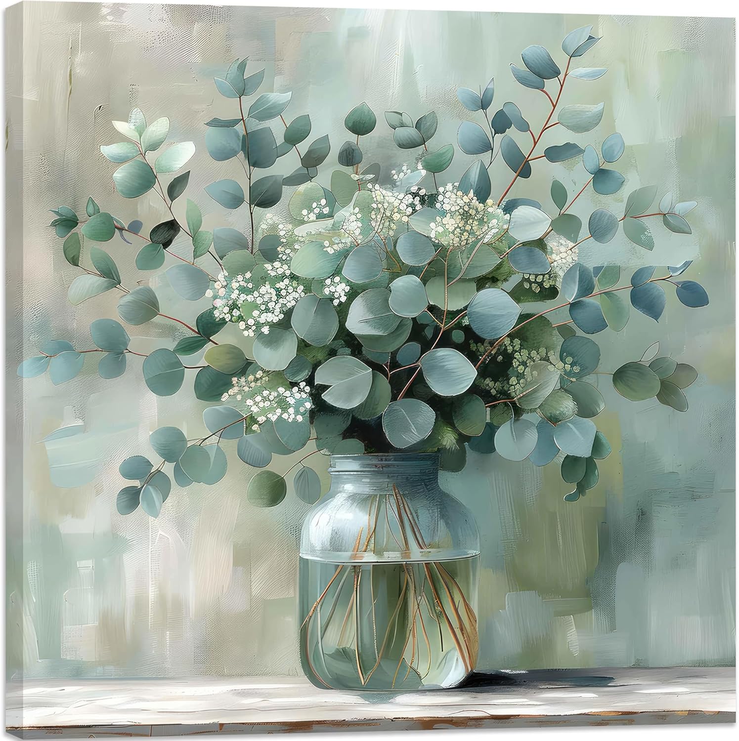 FWAHREN Botanical Eucalyptus Canvas Wall Art, Framed Sage Green Plant Prints Artwork, Farmhouse Wild Flower Pictures, Large Rustic Floral Wall Decor for Bathroom Living Room Bedroom Kitchen, 20x20in