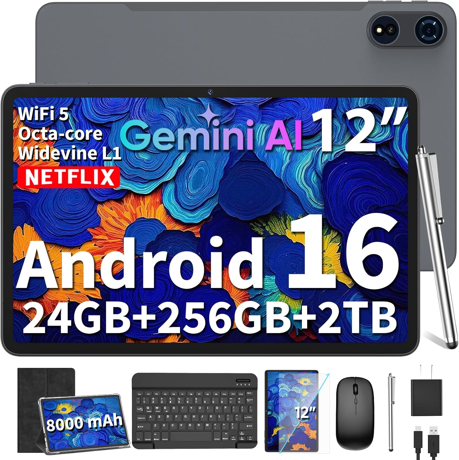 2026 12 Inch Large Tablet, Android 16 Tablet with Keyboard, 24GB+256GB+2TB Expand, Tablets PC with 2K Gemini AI, 8000mAh, Octa-Core, 16+8MP, 2 in 1 Tablets with Case, Mouse, Stylus (Black Case)