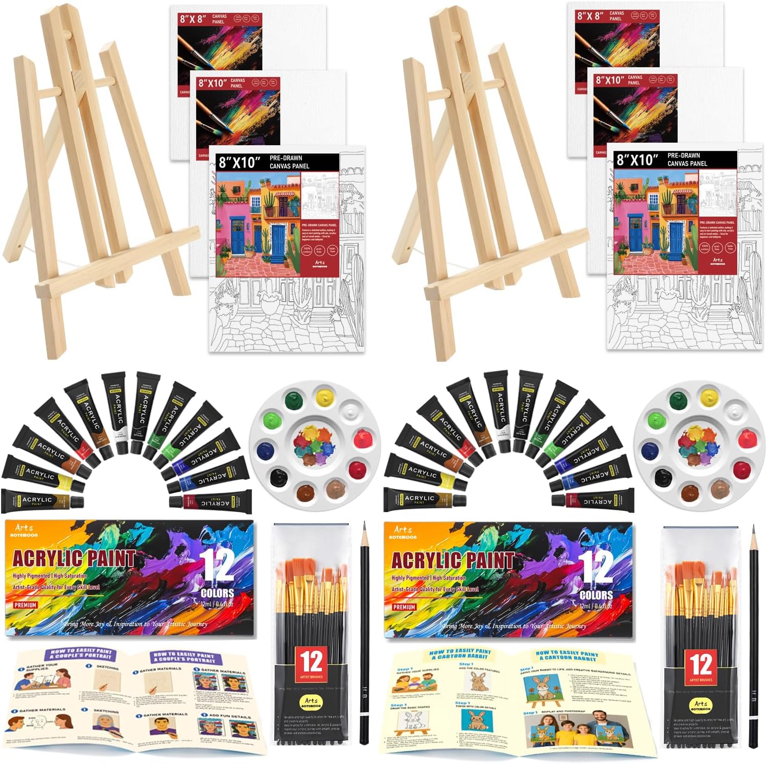 2 Pack Painting Set for Couples or Family Groups, 62 PCS Paint Set with 2 Table Easels,24 Acrylic Paints,6 Pre-Drawn & Blank Canvases for Painting,24 Brushes,2 Pencils,2 Palettes and Painting Guides