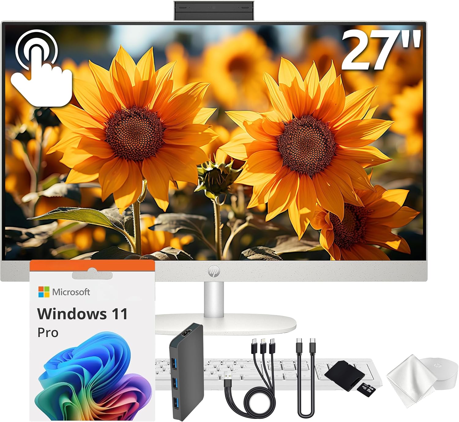 HP 27″ FHD Touchscreen All-in-One Desktop, AMD Ryzen 5 7520U, 16GB LPDDR5, 3TB Storage (2TB SSD&1TB Docking Station), FHD IR Camera, Wi-Fi 6, Wireless Keyboard & Mouse, Windows 11 Pro, White