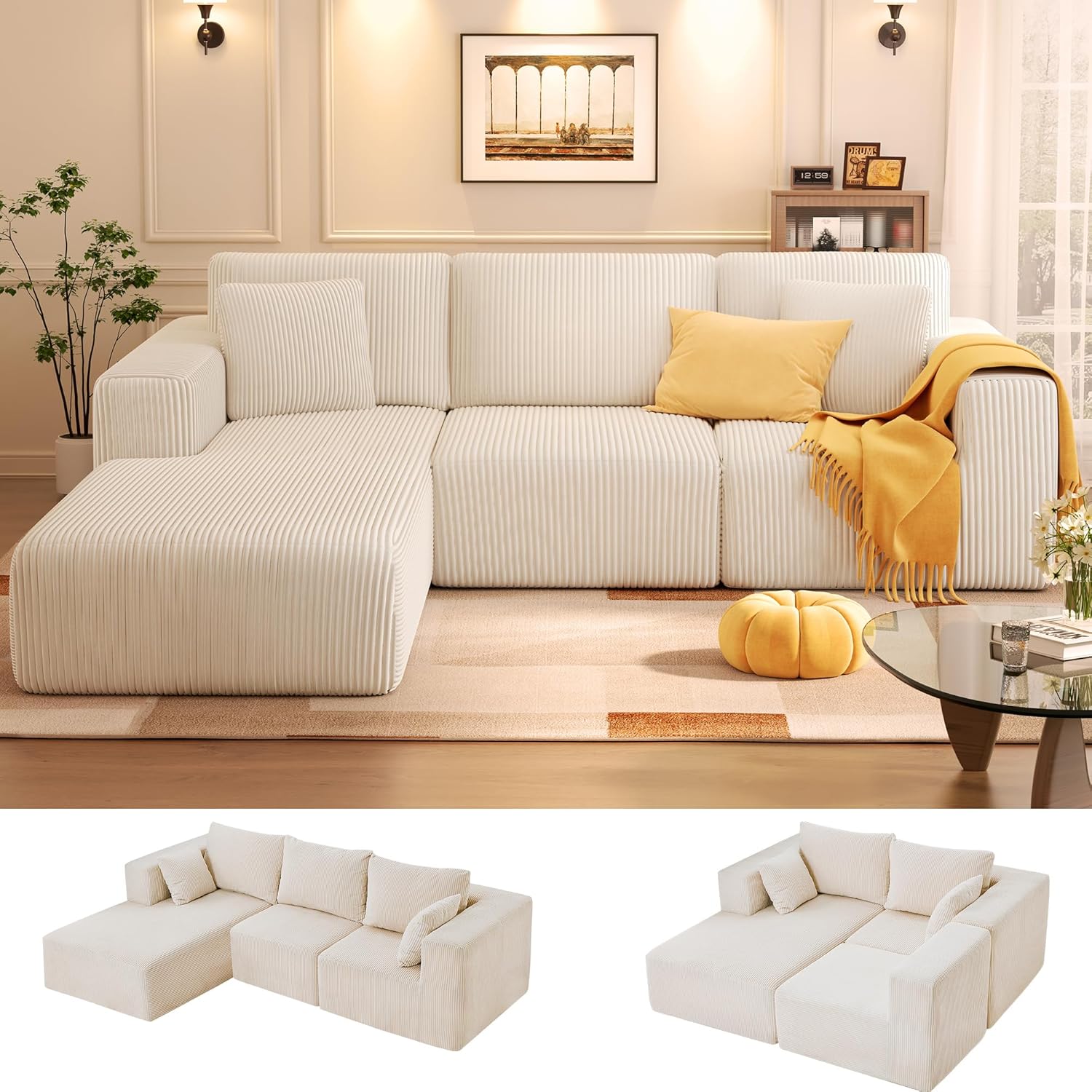 KINGYES 107” Modular Sectional Sofa, L Shaped Cloud Couch for Living Room, Modern Boneless Sofa with Chaise for Bedroom, Beige