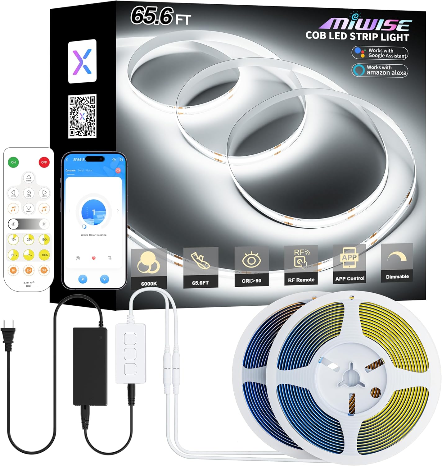 MIWISE COB LED Strip Lights 65.6ft/20m,UL-Listed CRI 90+ Dimmable 6000K Daylight White Super Bright,with APP Control/RF Remote,Work with Alexa/Google,for Cabinet/Bedroom/Kitchen DIY Lighting Projects