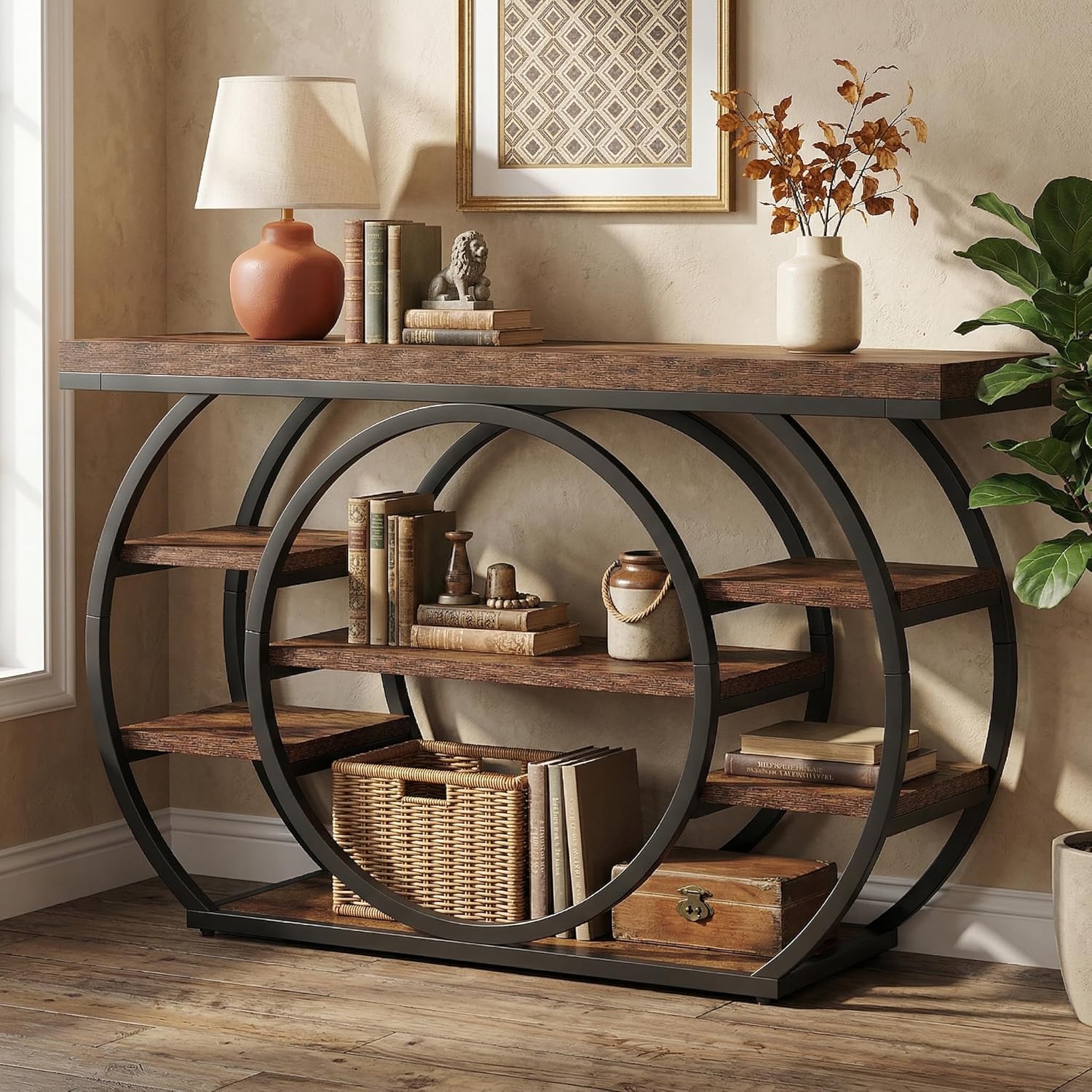 Tribesigns 47” Console Table, Industrial 5-Tier Entryway Table with Metal Frame, Narrow Sofa Table for Living Room, Hallway, Rustic Brown