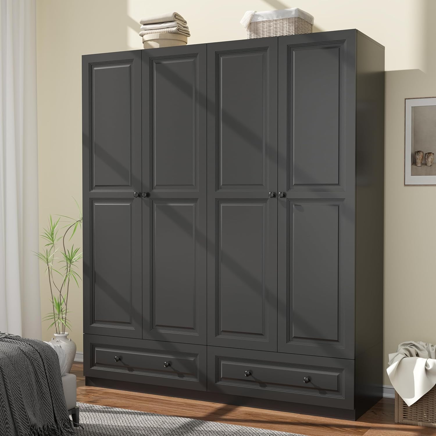 Armoire Wardrobe Closet with Drawers: 74″ Bedroom Closet for Hanging Clothes, Black Wardrobes Closets with Doors, Modern Armoire Cabinet with Shelves (Black, 63″)