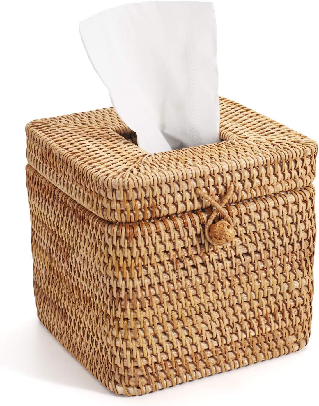 Rattan Square Tissue Box Cover, 5.7″ x 5.7″ x 5″, Decorative Woven Facial Tissue Holder with Hinged Top Lid, Natural Color