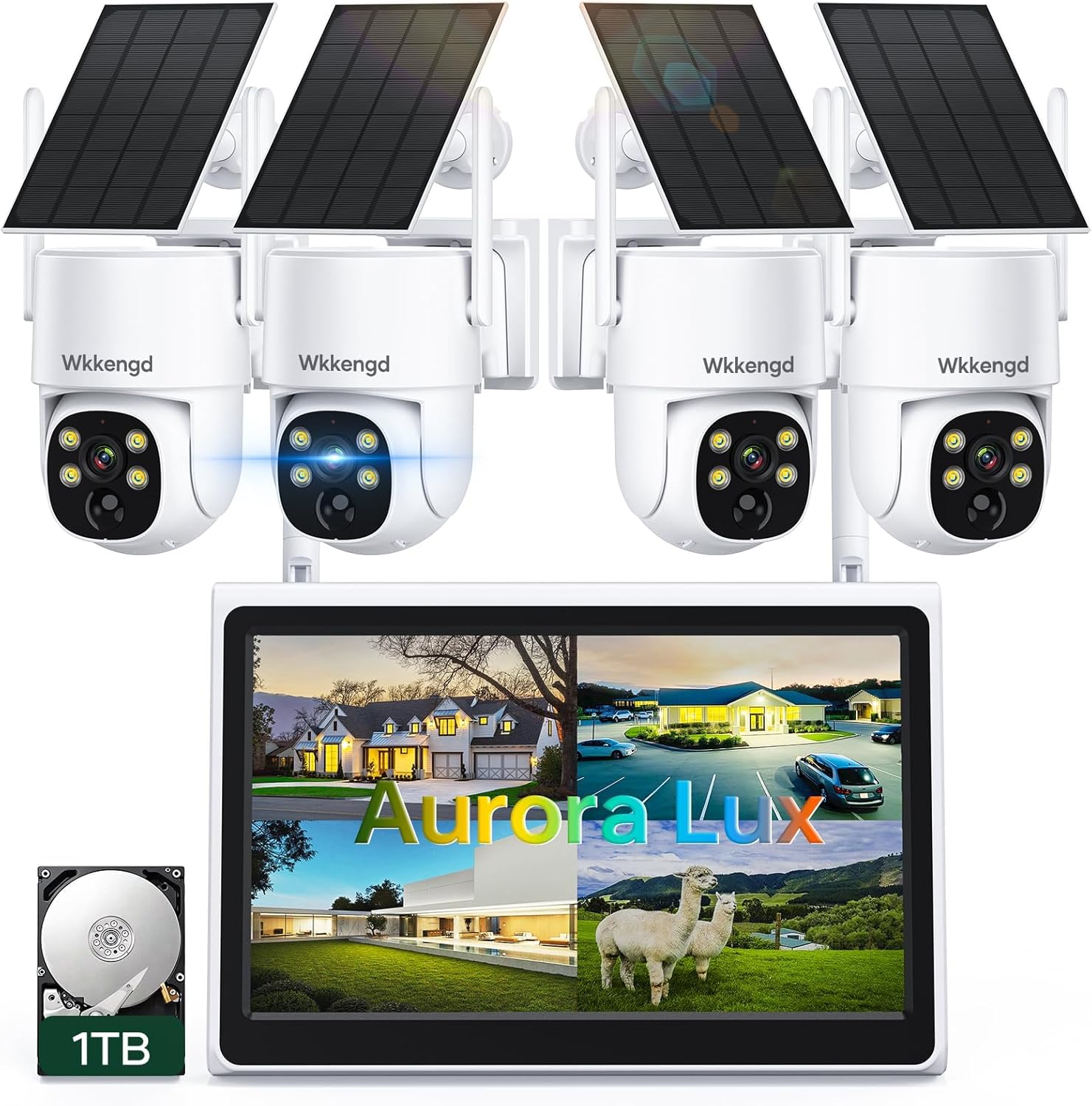 Solar Security Wireless Camera System with 10″ Monitor, 2K F1.0 Super Aperture PTZ Battery Powered Cameras for Home Security, Pre-Installed 1TB HDD, Aurora Lux True Full Color Night Vison