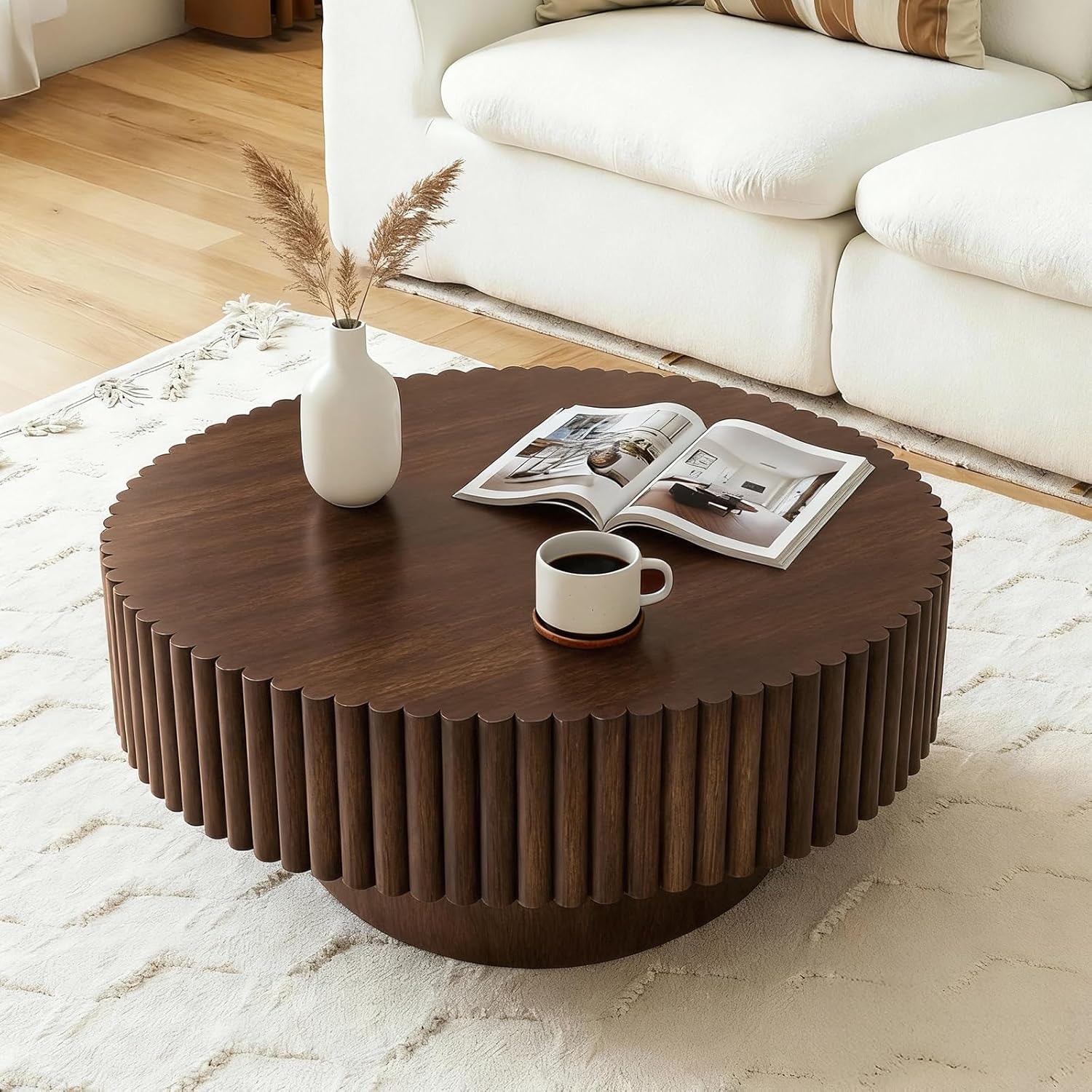 Rovibek Round Coffee Table, 31.5″ Wooden Fluted Coffee Table with Fluted Base, Circle Accent Center Table for Living Room Apartment Office Small Space, Easy Assembly, Walnut