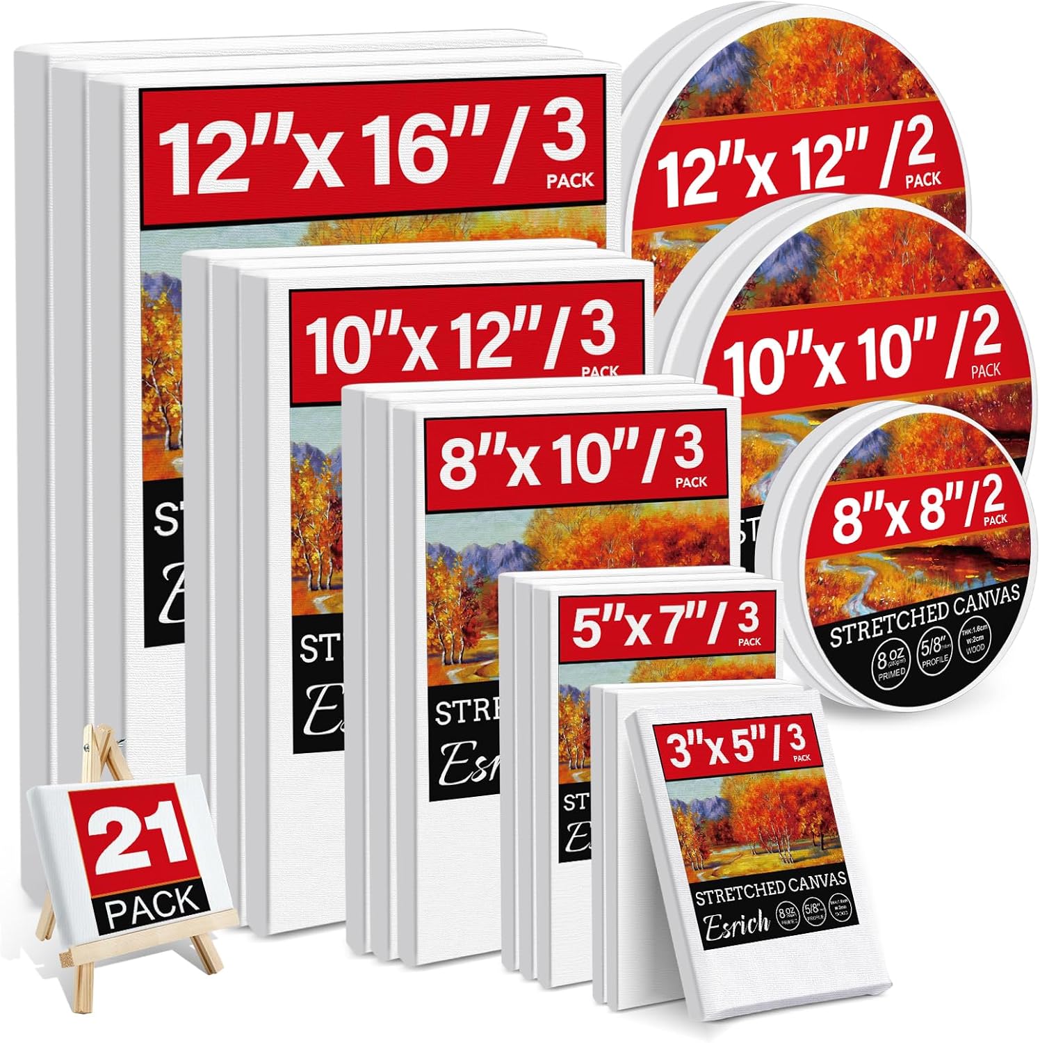 21 Packs Stretched Canvases for Painting, MultiSize 12×16, 10×12, 8×10, 5×7, 3×5, Round Canvas with 8×8,10×10,12×12, Primed Blank Canvas for Oil, Acrylic Paint,for Beginner, Artist.