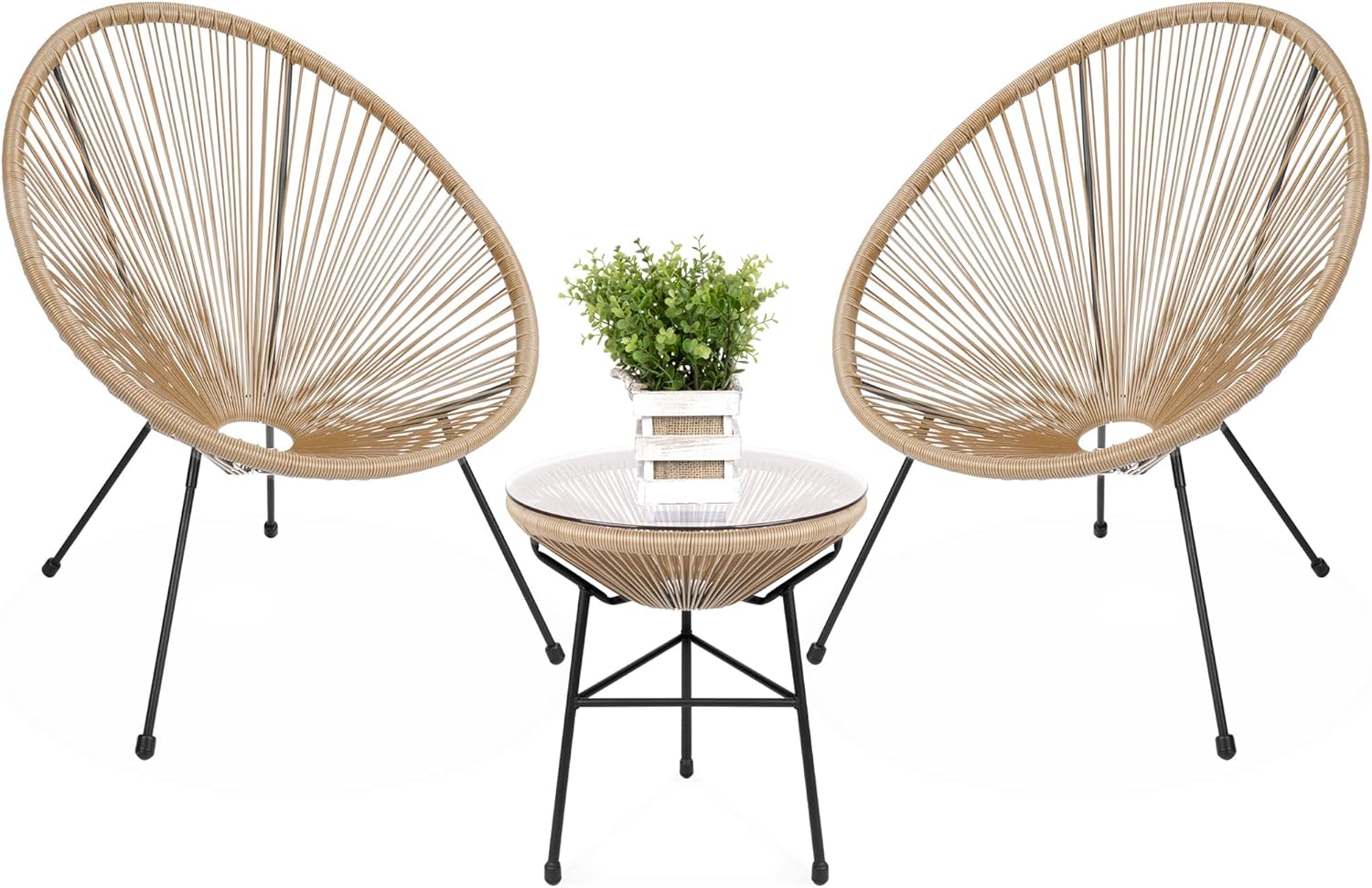 Best Choice Products 3-Piece Outdoor Acapulco All-Weather Patio Conversation Bistro Set w/Plastic Rope, Glass Top Table and 2 Chairs – Natural