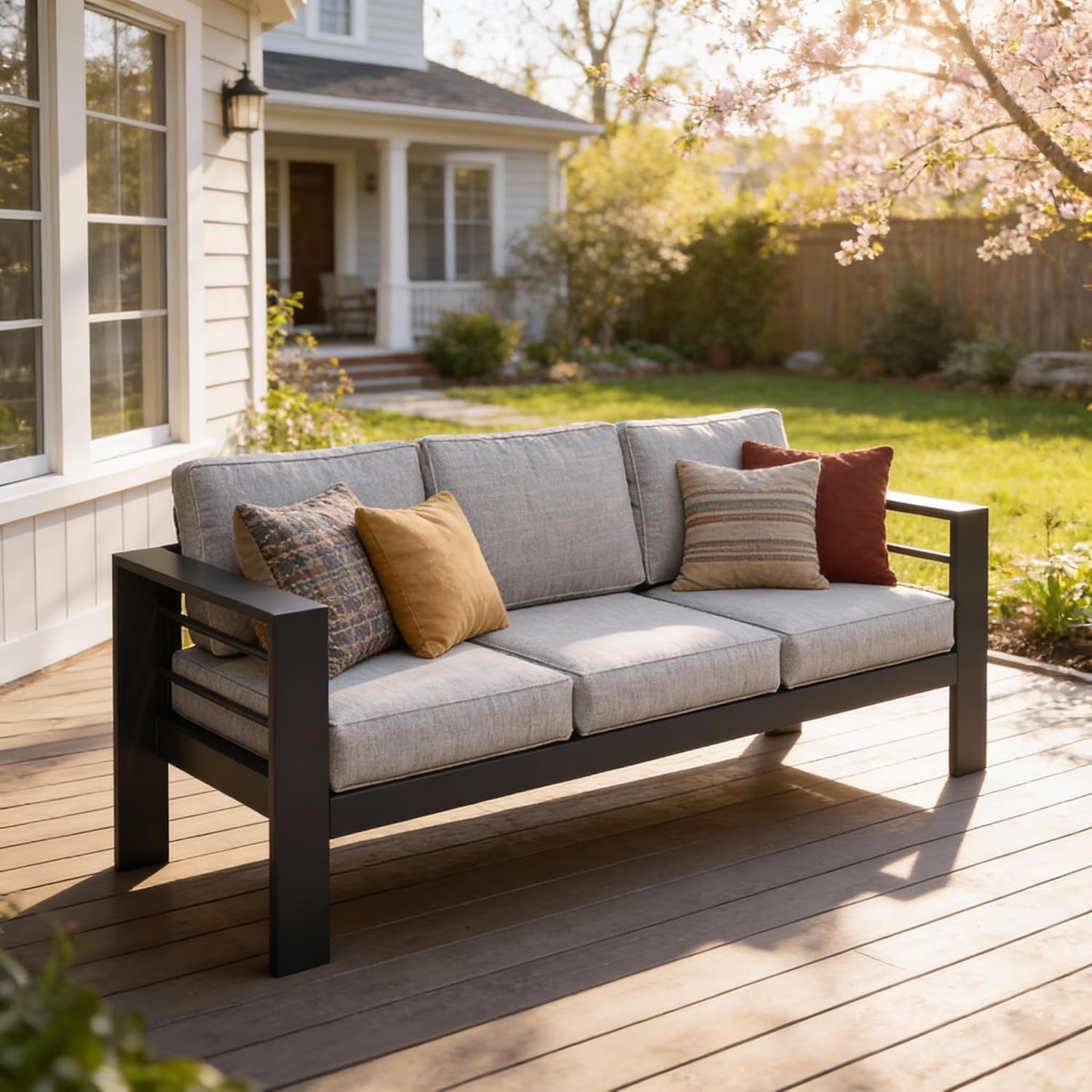 Kiss the Water Outdoor Couch Aluminum Patio Furniture Sofa, 3 Seat All-Weather Metal Patio Couch with 5″ Thick and Soft Cushion and Wide Arm, Outdoor Sofa for Balcony, Porch