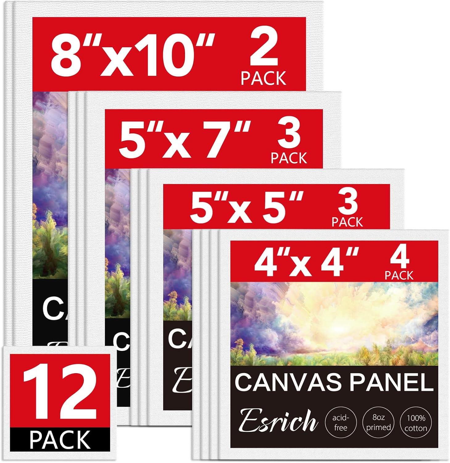 ESRICH Canvas Boards for Painting 12 Pack Art Supplies Paint Canvas 4×4, 5×5, 5×7, 8×10 Blank Large Canvases for Painting-Cotton Primed Canvas Panels for Acrylic, Oil, Gouache & Tempera.