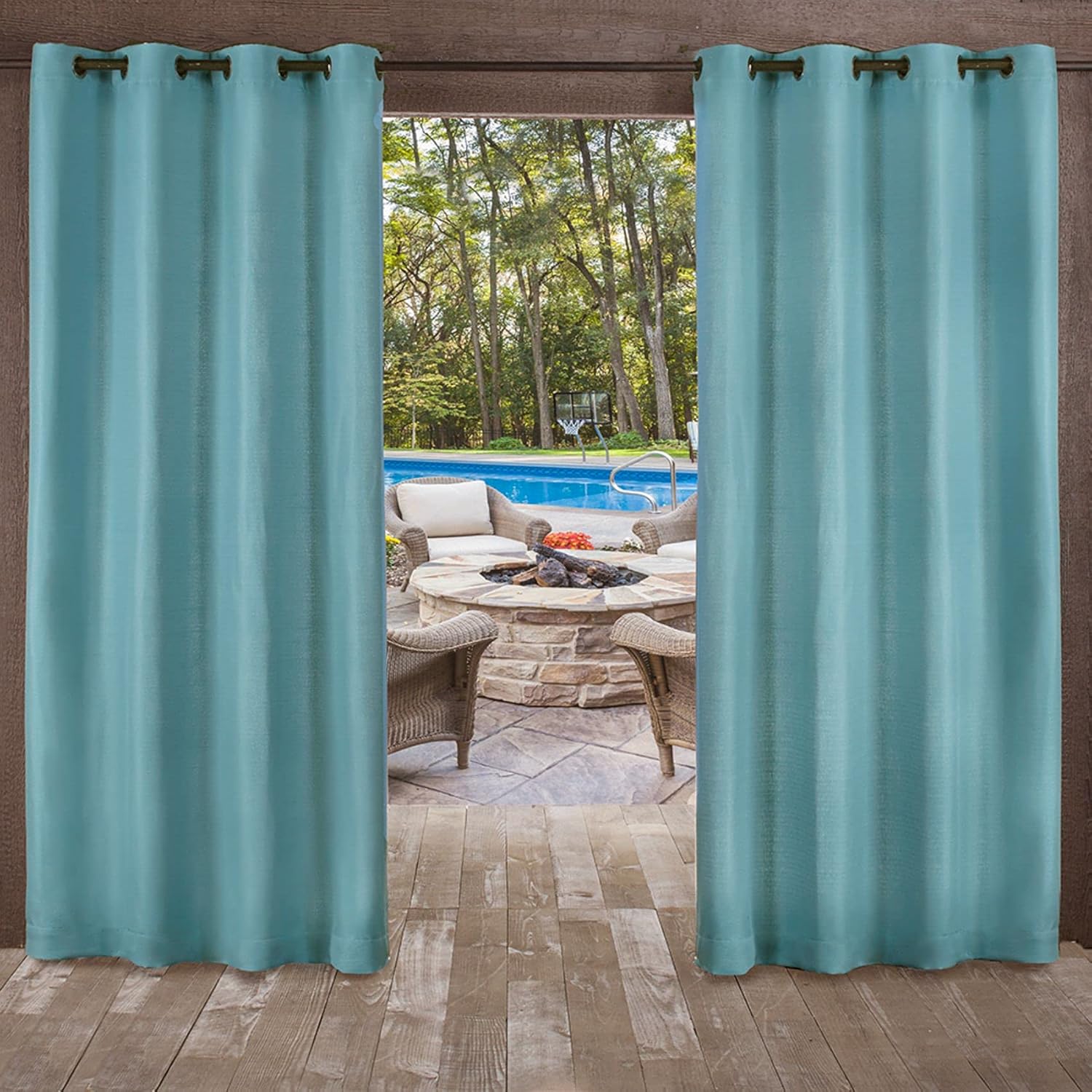 Exclusive Home Delano Heavyweight Textured Indoor/Outdoor Grommet Top Curtain Panel, 54″x84″, Teal, Set of 2