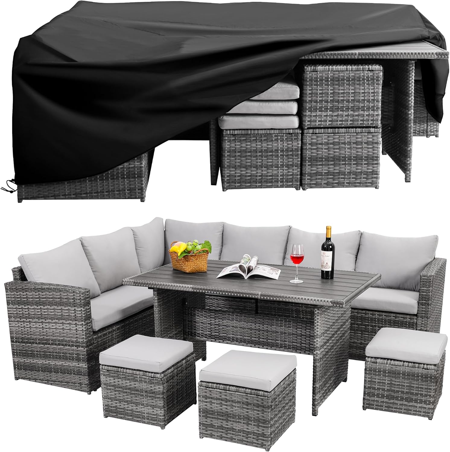 Patio Furniture Set, 7 Pieces Outdoor Patio Furniture with Dining Table&Chair, All Weather Wicker Conversation Set with Ottoman,Grey (Include Sofa Dust Cover)