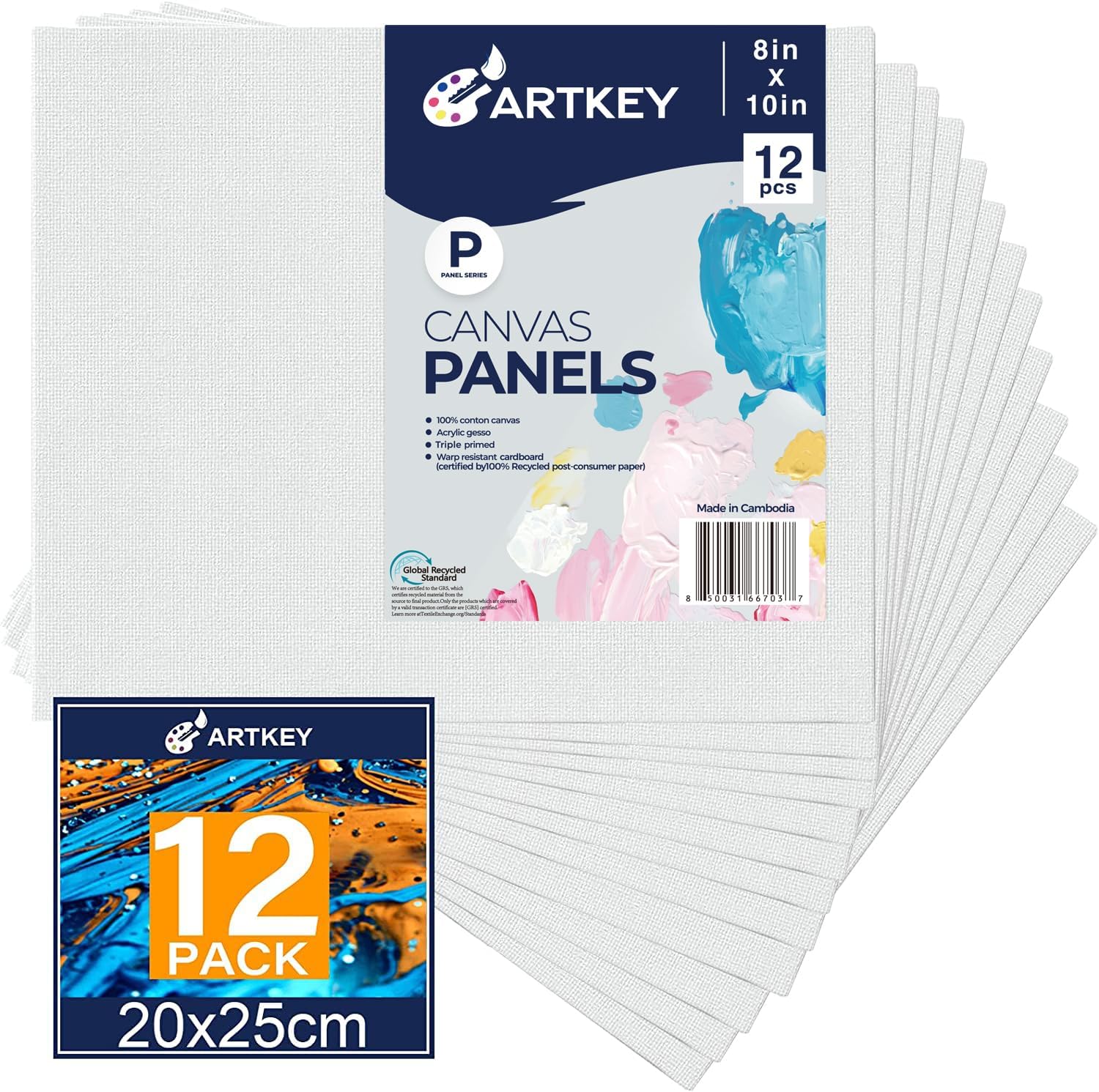 Artkey Canvas Boards for Painting 8×10 Inch 12 Pack, 10 oz Primed 100% Cotton White Blank Canvases for Painting, Art Supplies Paint Canvas Panels for Acrylic Oil Watercolor Tempera Paints