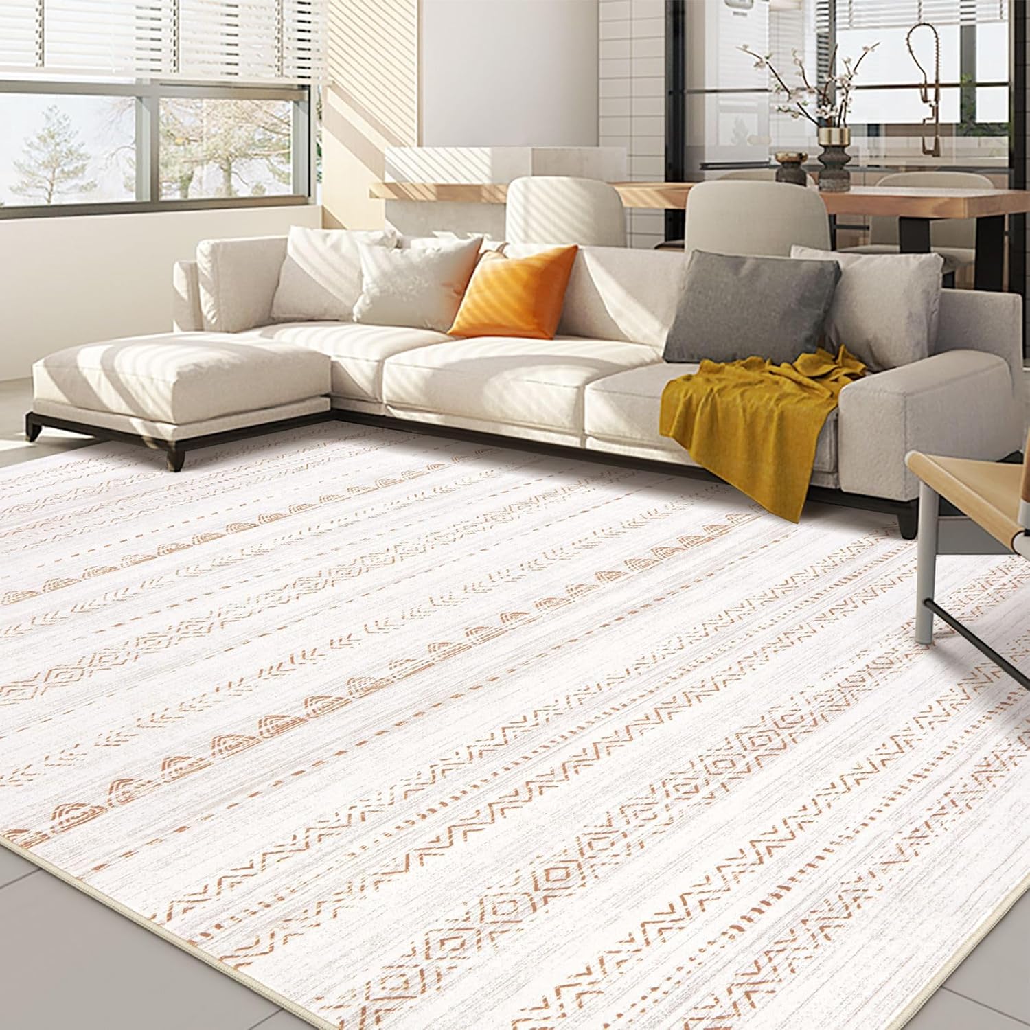 Nakagishi Area Rug Living Room Rugs: 5×7 Large Soft Machine Washable Boho Moroccan FarmNeutral Stain Resistant Indoor Floor Carpet for Bedroom Under Dining Table Home Office Decor-Cream Brown