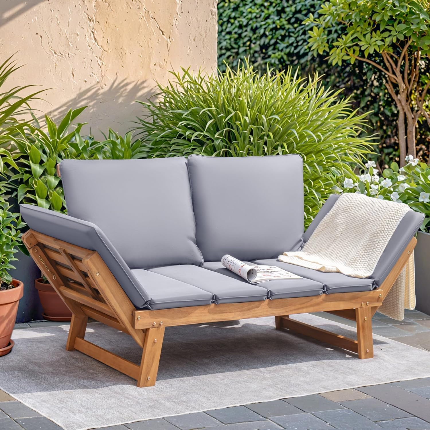 Devoko Outdoor Couch Acacia Wood Patio Couch with Adjustable Armrests, Outdoor Convertible Sofa with Removable Cushions & Pillows for Patio, Porch, Poolside(Grey)