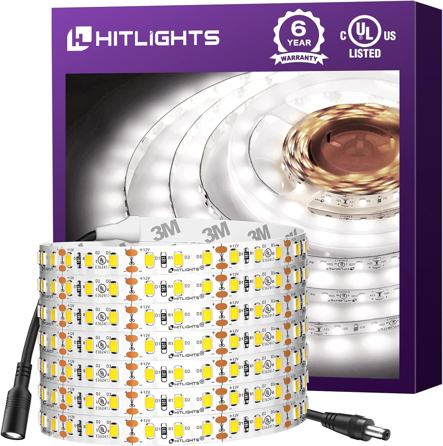HitLights LED Strip Lights Cool White 5000K, 16.4ft High Density 12V Tape Light, UL-Listed, 600 LEDs, 300Lm/ft, Flexible Dimmable Rope Lights for Bedroom, Kitchen, Cabinet (Power Source Not Included)