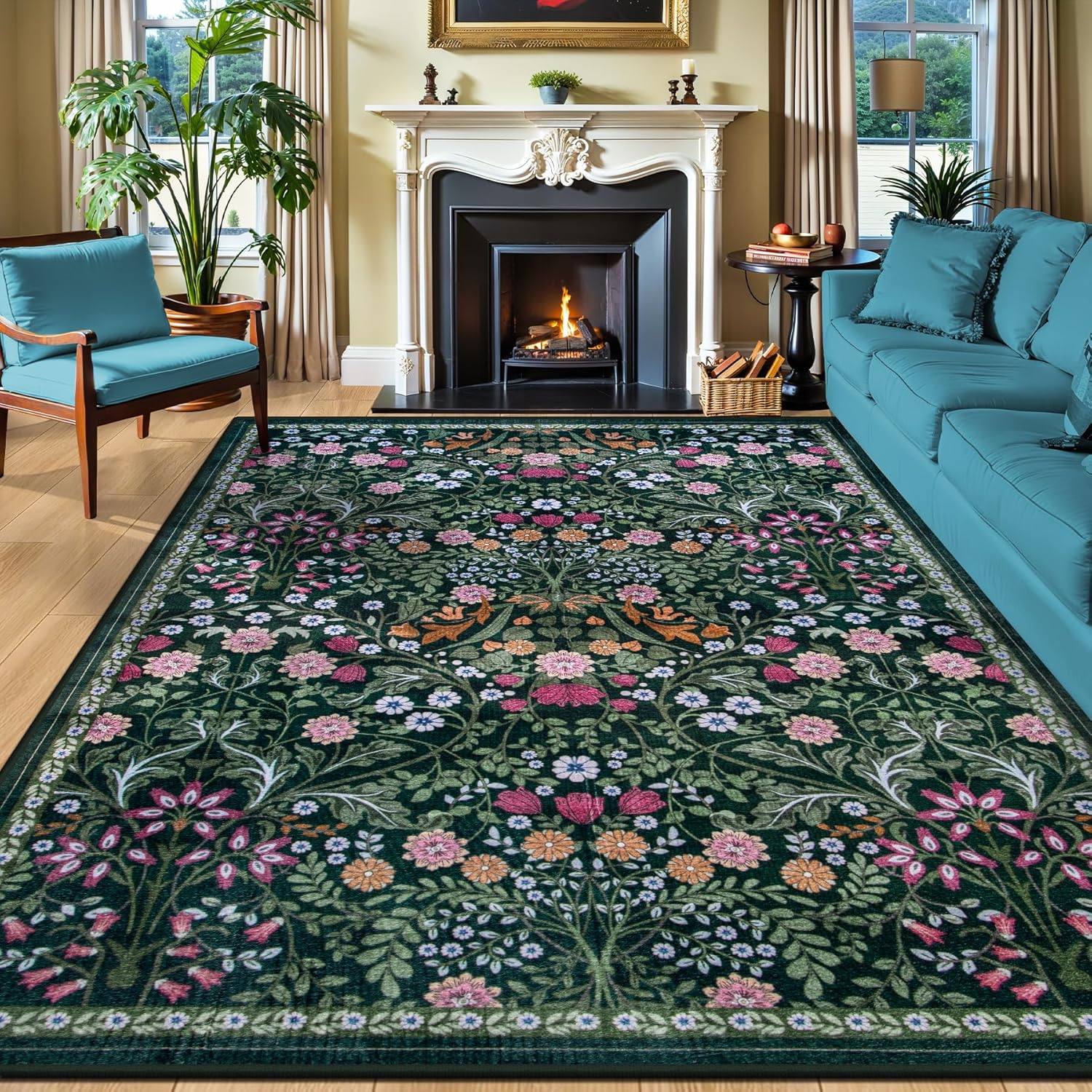 8×10 Area Rugs for Living Room: Floral Washable Rug Vintage Large Soft Boho Non-Slip Carpet Indoor Floor Stain Resistant Carpets for Bedroom Dining Room Farmhouse Nursery Home Office Dark Green