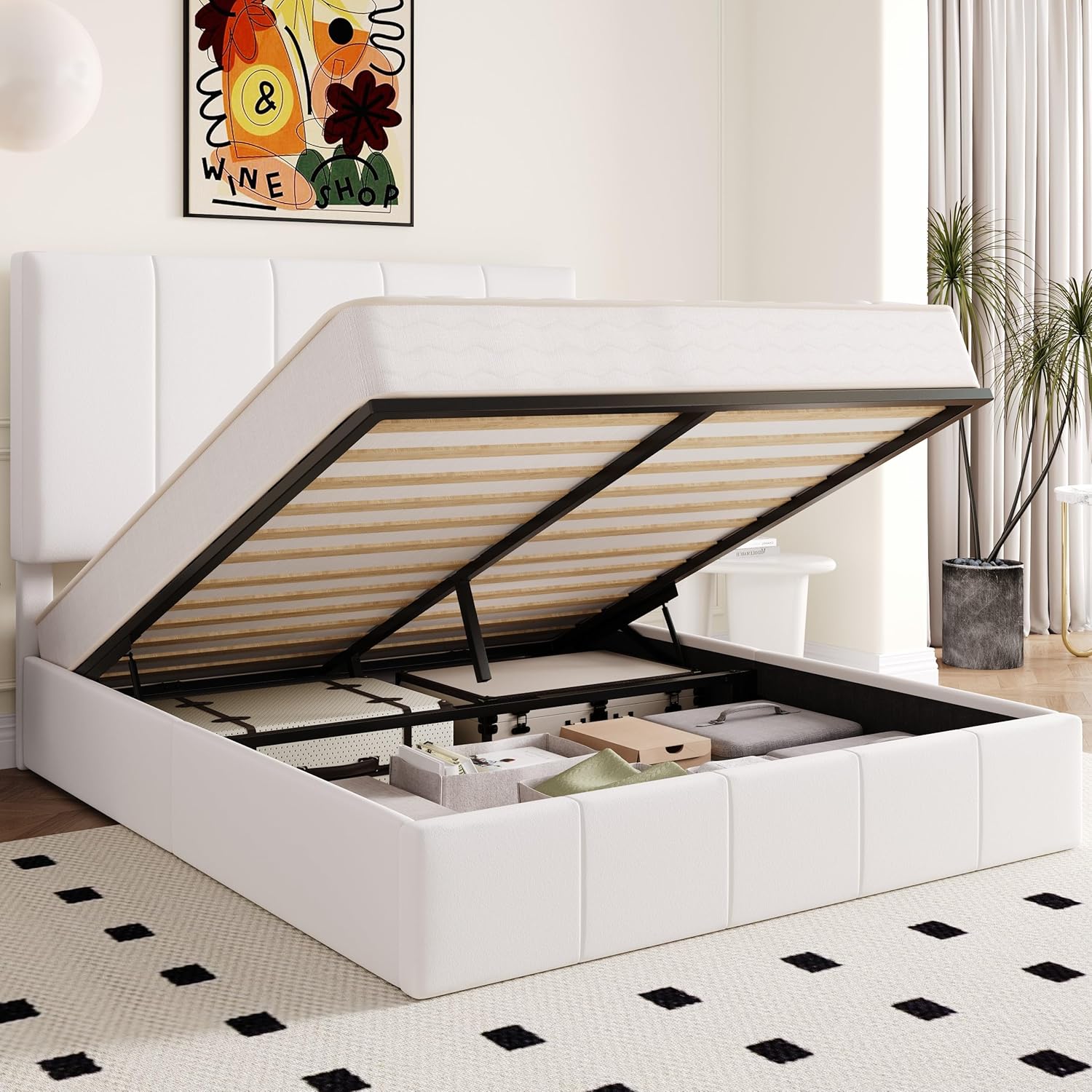 Allewie Full Size Velvet Lift Up Storage Bed Frame, Vertical Channel Tufted Headboard, Hydrualic Underneath Storage, Upholstered Platform Bed, Wooden Slats Support, No Box Spring Needed, White