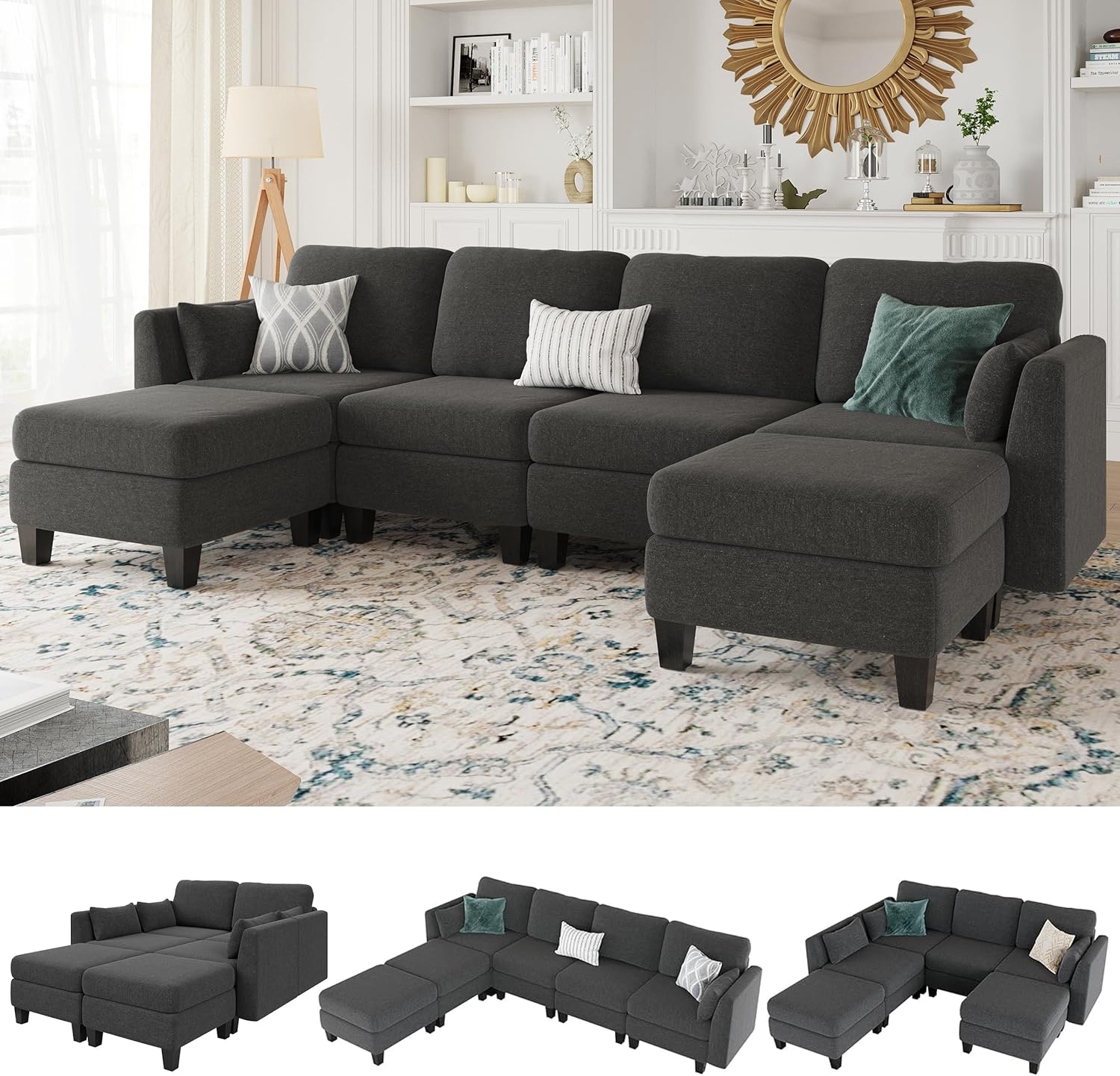 Modular Sectional Sofa, 6 Seaters Modular Sleeper Sofa Couch, Comfy Sectionals Couches Bed, Convertible Sofas with Ottomans, Sectional Couches for Living Room, Dark Grey