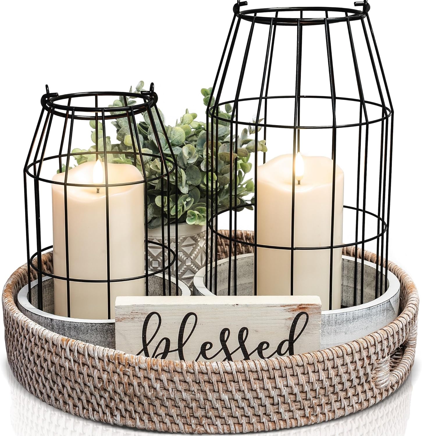 Rustic Farmhouse Lantern Decor Set of 2 – Stylish Decorative Lanterns for Your Living Room, Fireplace Mantle or Kitchen Dining Table – Modern Indoor/Outdoor Coffee Table Decor for Your Entire Home