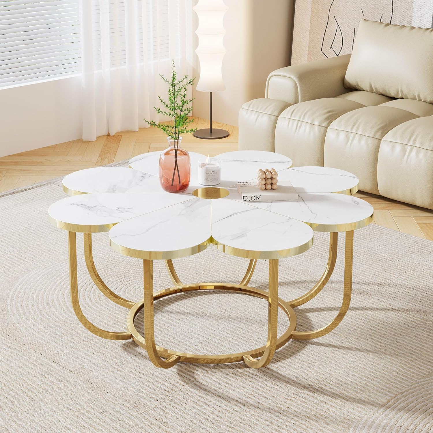 Tribesigns White and Gold Coffee Table, Modern Flower-Shaped Coffee Table with Faux Marble Tabletop, 39.37-Inch Floral Accent Center Table with Metal Frame for Living Room, Bedroom, Lounge