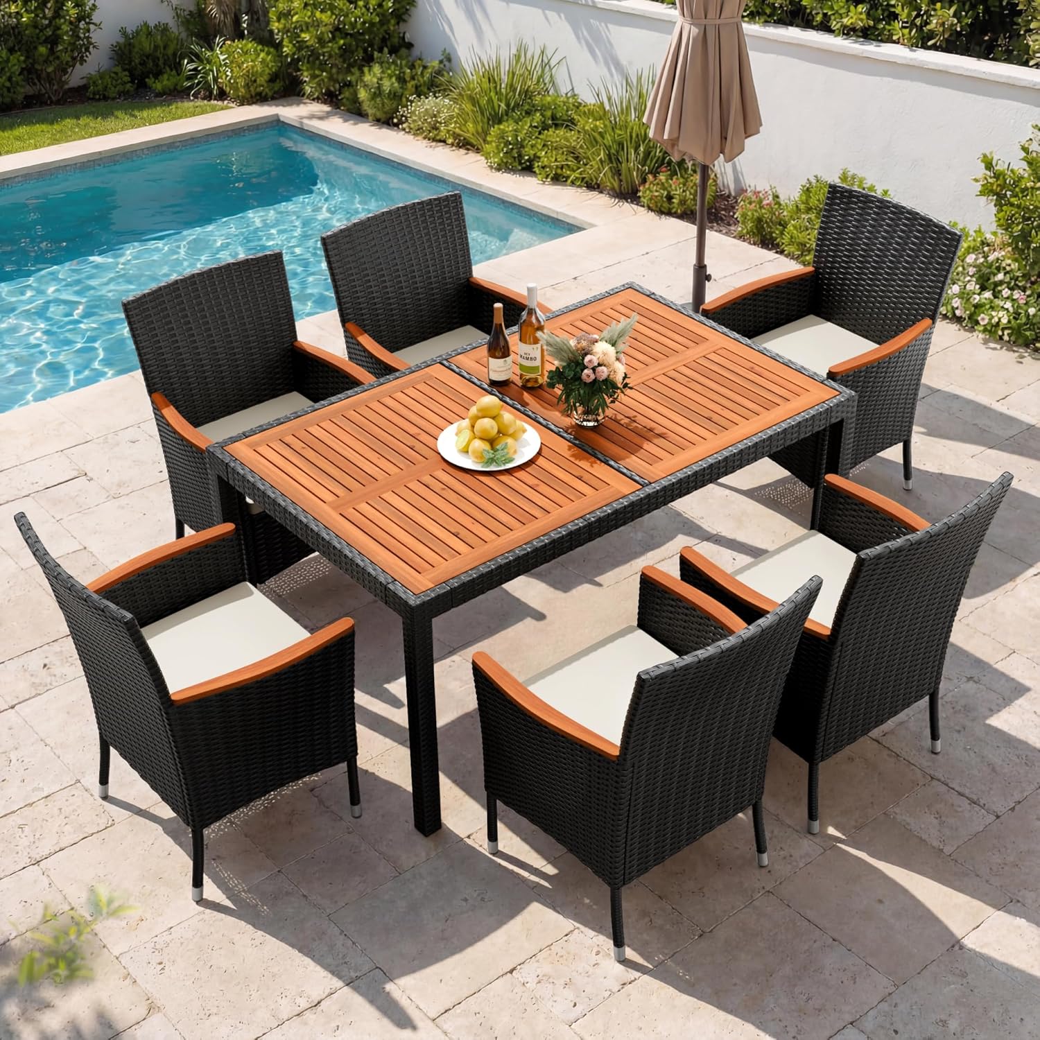 Devoko Dining 7 PCS Furniture, Patio Conversation Set with Acacia Wood Table Top, Outdoor, Beige Cushion and Black Rattan