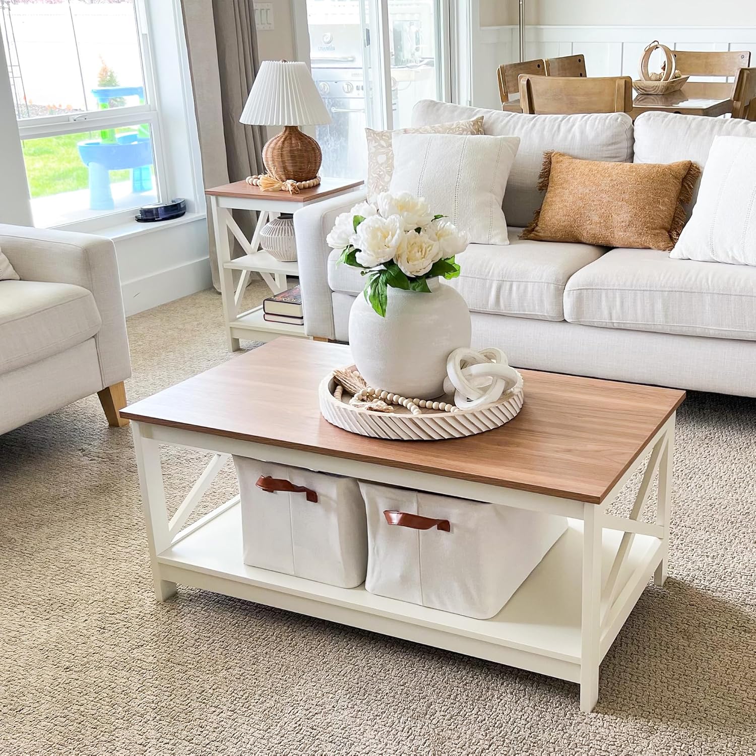 PHI VILLA Farmhouse Coffee Table for Living Room, White Coffee Tables with Storage Rustic Style Modern