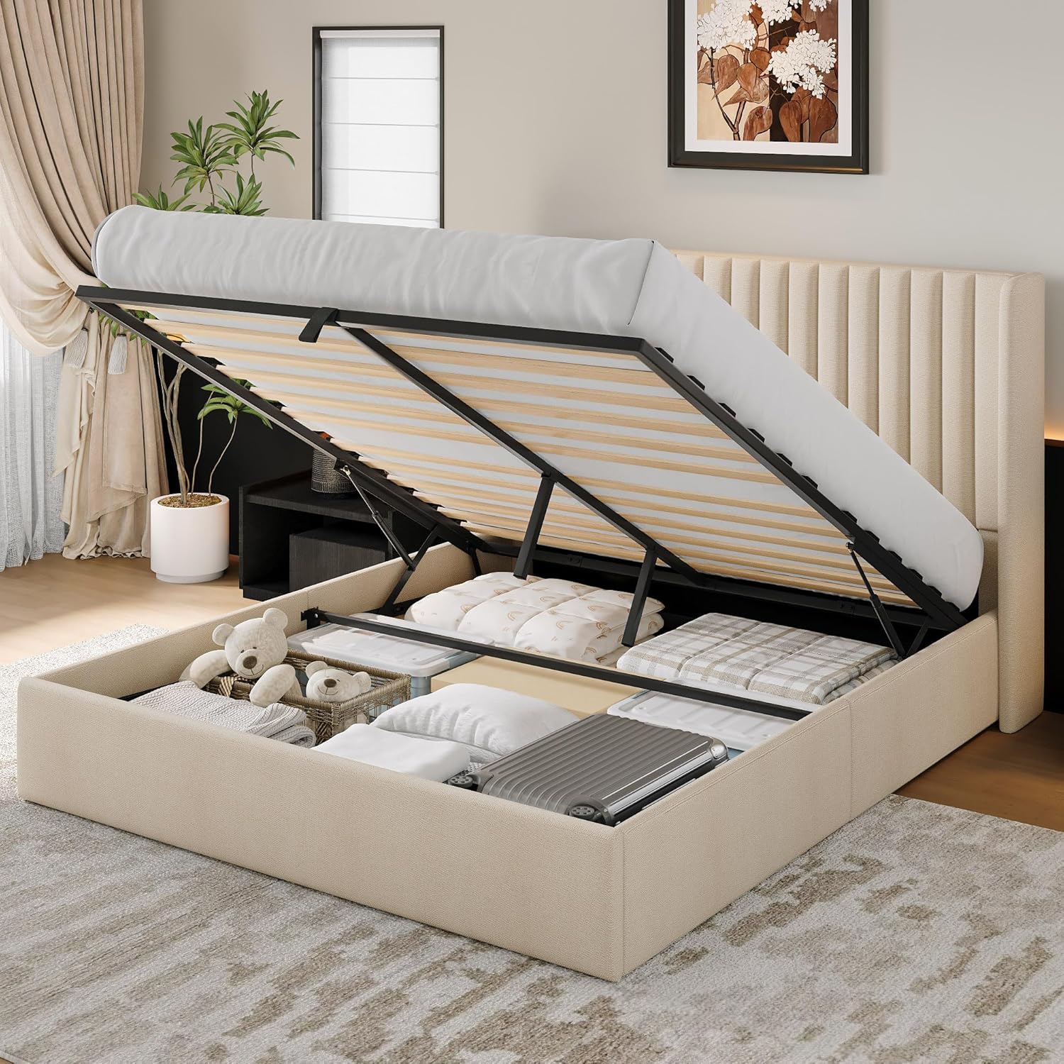 iPormis Full Size Lift up Storage Bed Frame with Wingback Headboard, Modern Linen Upholstered Platform Bedframe with Hydraulic Lifts, Sturdy Wood Slats, Easy Assembly, Beige