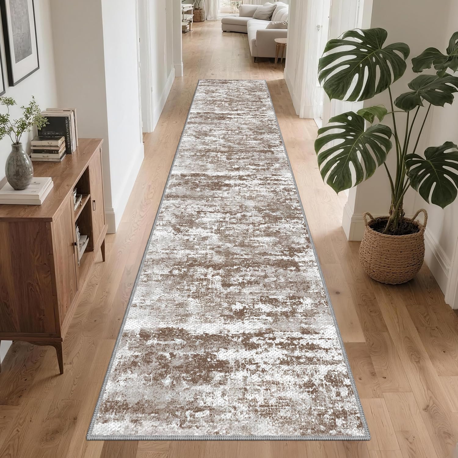 Runners for Hallways Ultra Non-Slip 2×10 Long Runner Rugs Washable Abstract Tear and Stain Resistance No Pile Lightweight Modern Rug Runners for Entryway, Kitchen, Walkway, Entrance, Brown