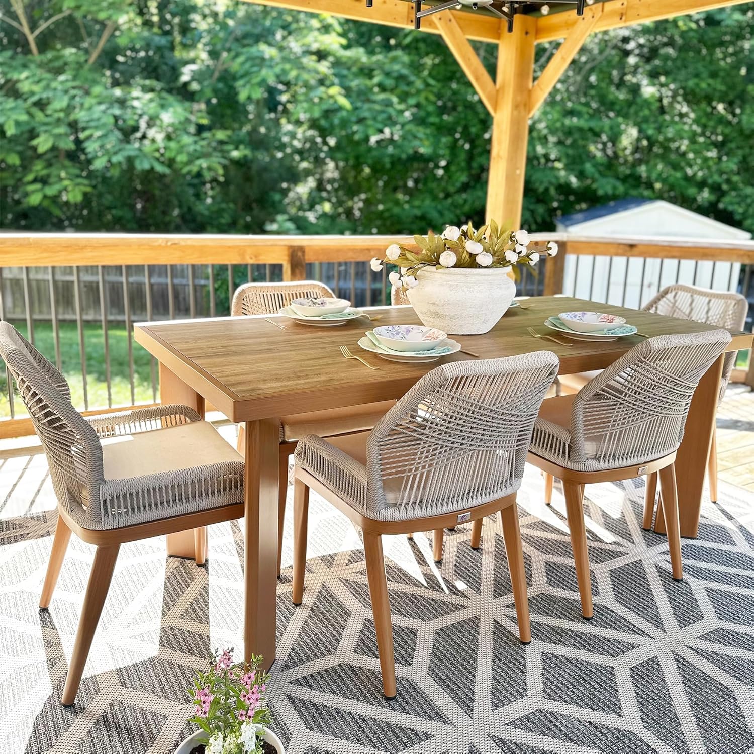 PURPLE LEAF 7 Pieces Dining Set Patio Metal Rectangular Table and Wicker Rattan Chairs for Outside Porch Garden Kitchen Modern Outdoor Furniture Sets