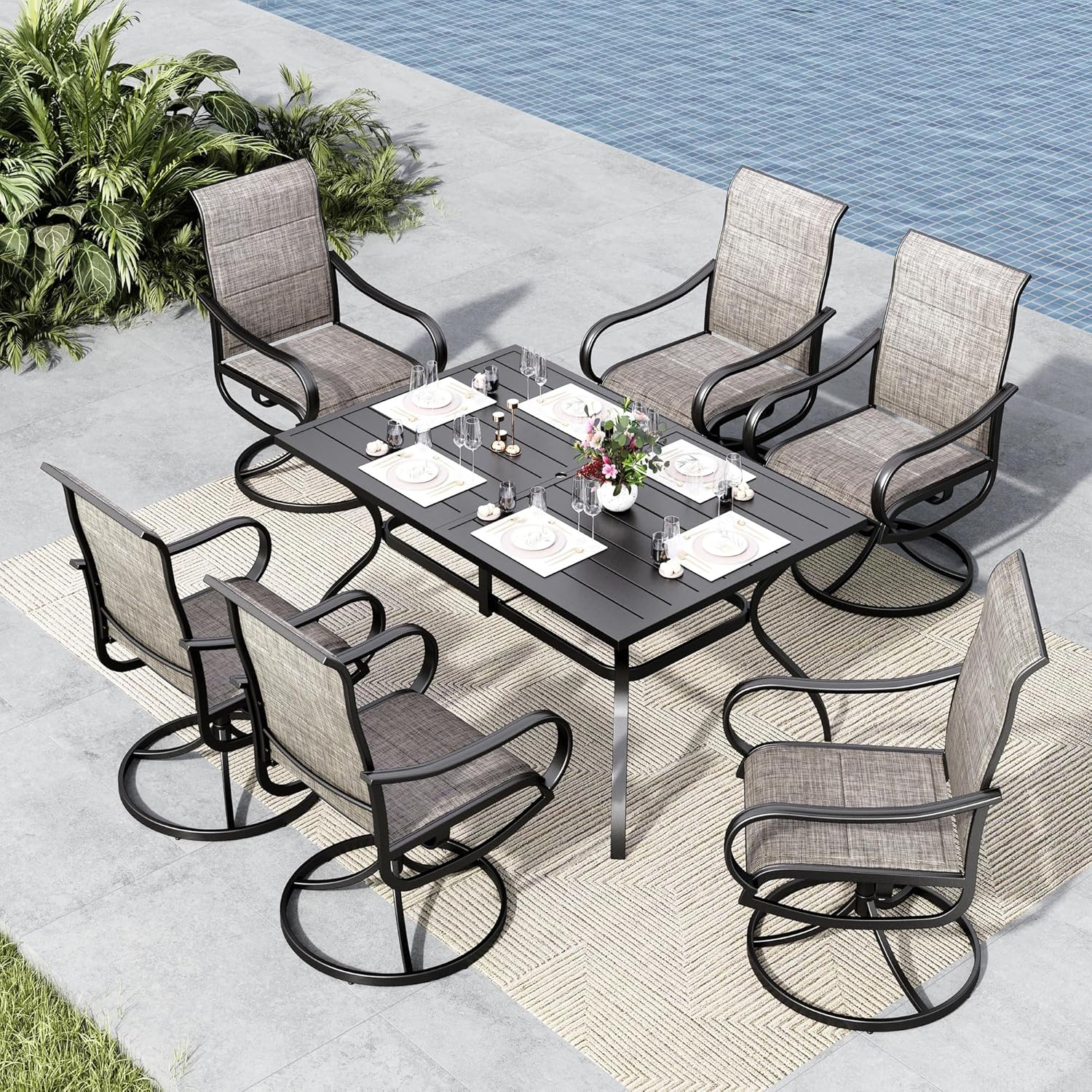 MFSTUDIO Patio Dining Set for 6, Outdoor Dining Set with Umbrella Hole, 7 Piece Patio Table and Chairs Set for Deck Backyard Poolside Garden